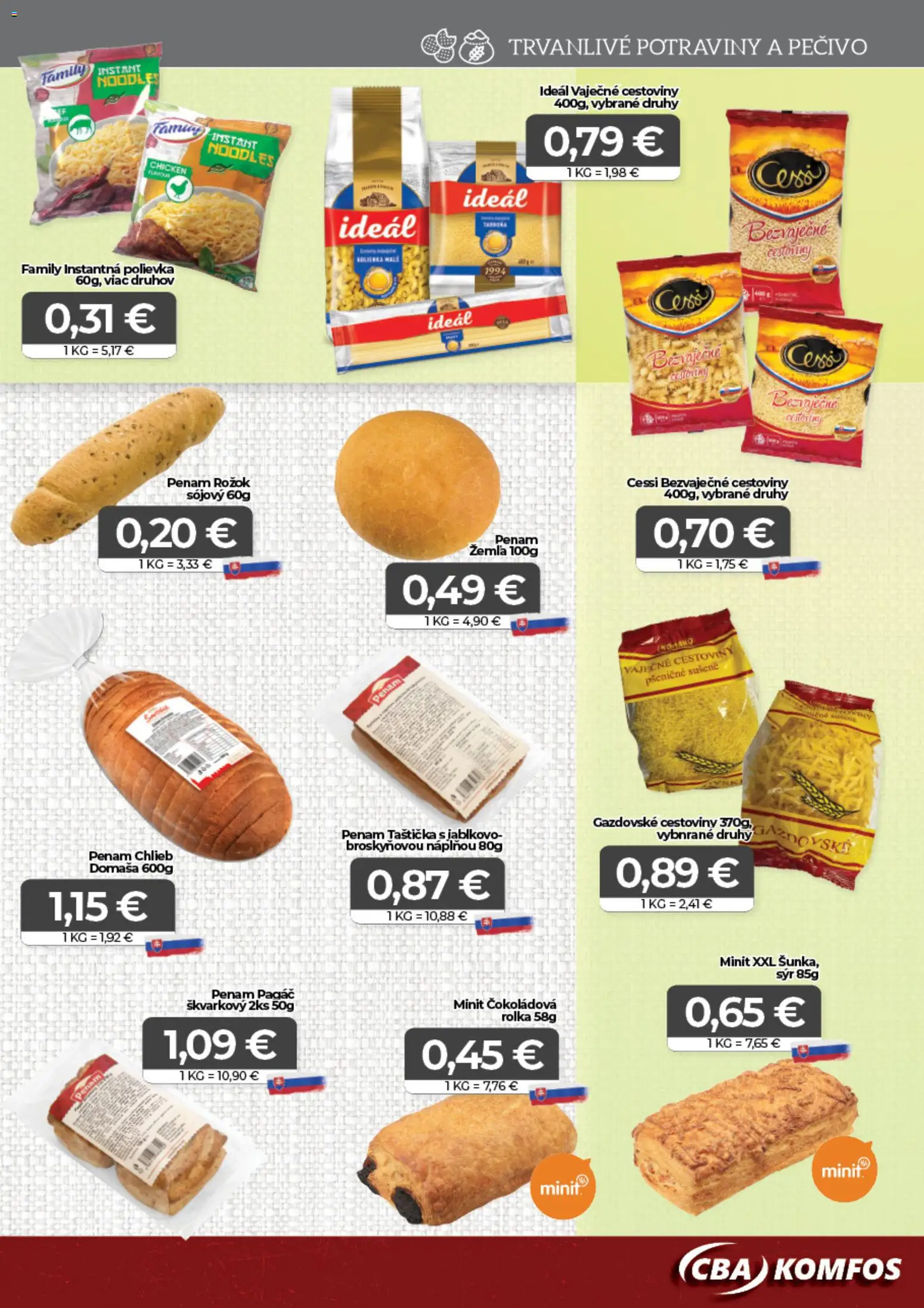 Nové CBA Komfos akcie – leták je platný od 23.01.2026 | Strana: 9 | Produkty: Syr, Chlieb, Rožok, Cestoviny
