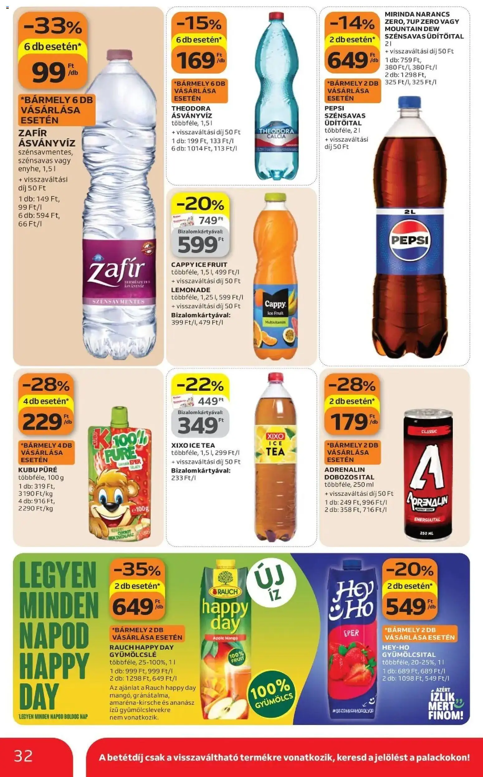 Auchan akciós ujság - amely érvényes a következő dátumtól: 16.04.2026 | Oldal: 32 | Termékek: Energiaital, Pepsi, Kubu püré, Tea