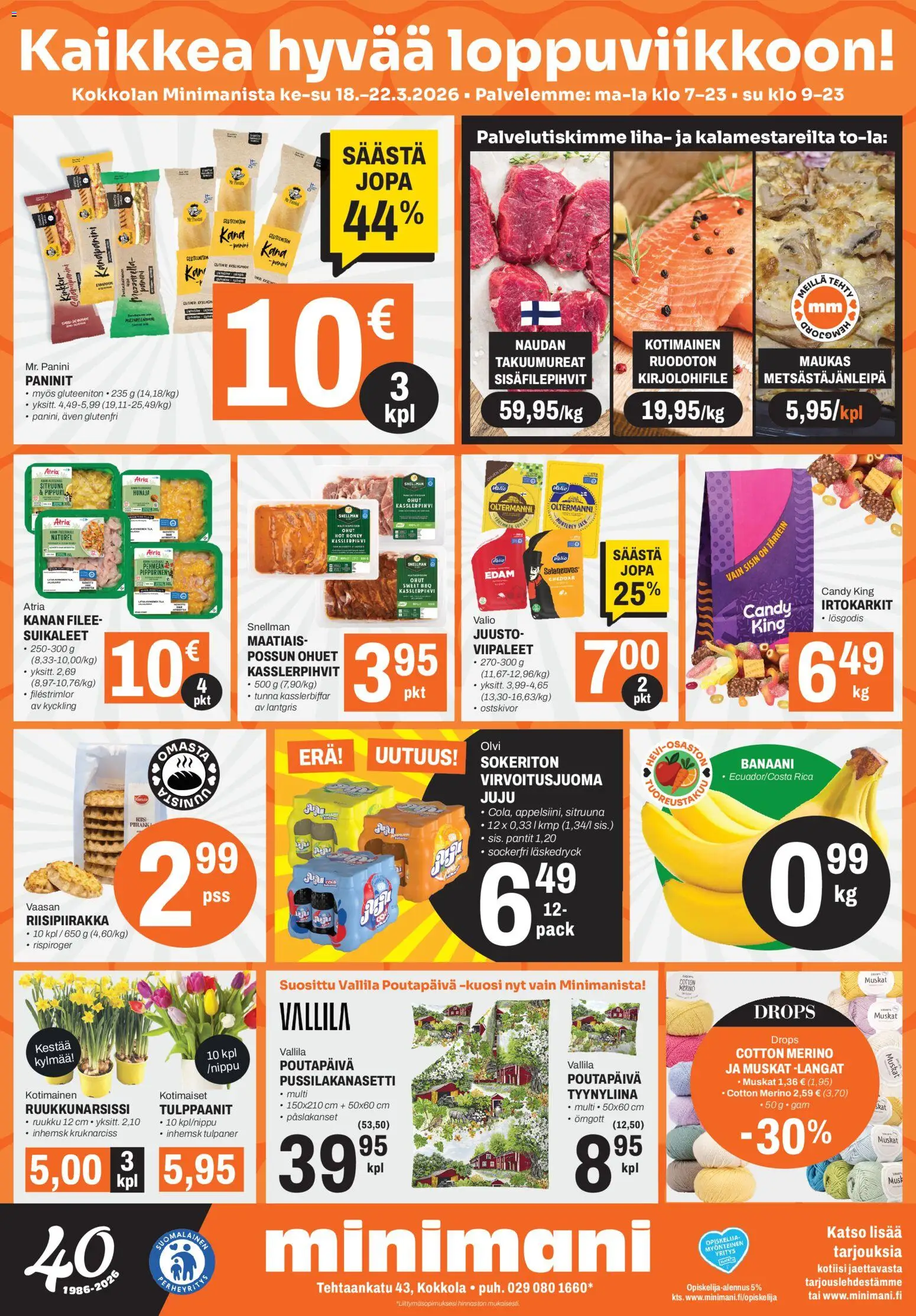 Minimani Tarjoukset - Kokkola – voimassa 18.03.2026 alkaen | Sivu: 1 | Tuotteet: Pussilakanasetti, Irtokarkit, Juusto, Hunaja