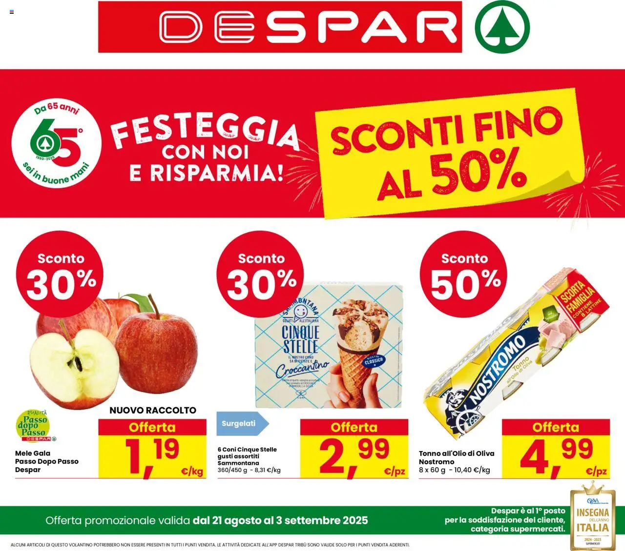 Volantino Despar del 21.08.2025 | Pagina: 1 | Prodotti: Mele, Tonno