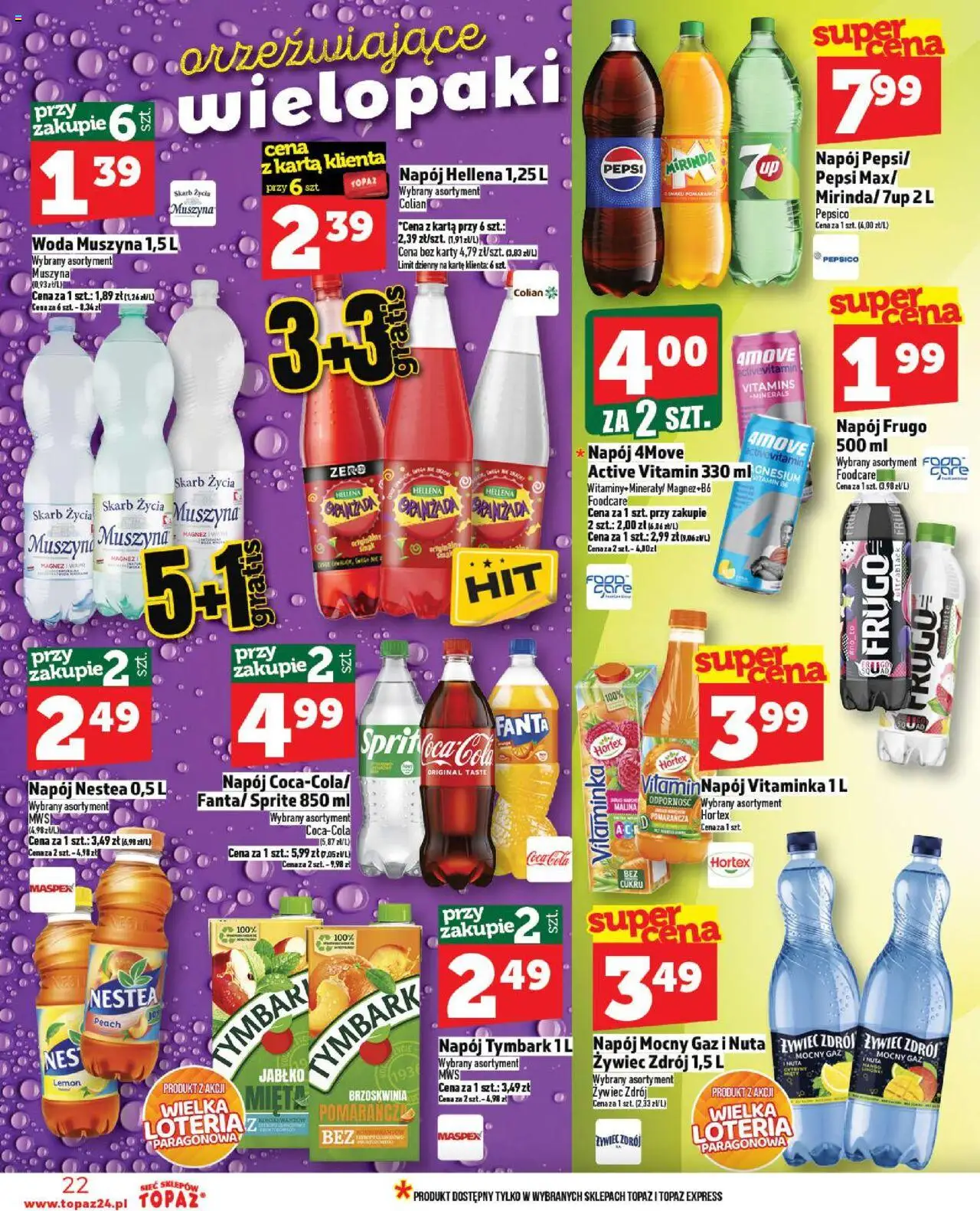 Topaz Gazetka - Ceny małe na stałe od 18.09.2025 | Strona: 22 | Produkty: Brzoskwinia, Pepsi, Sprite, Coca cola
