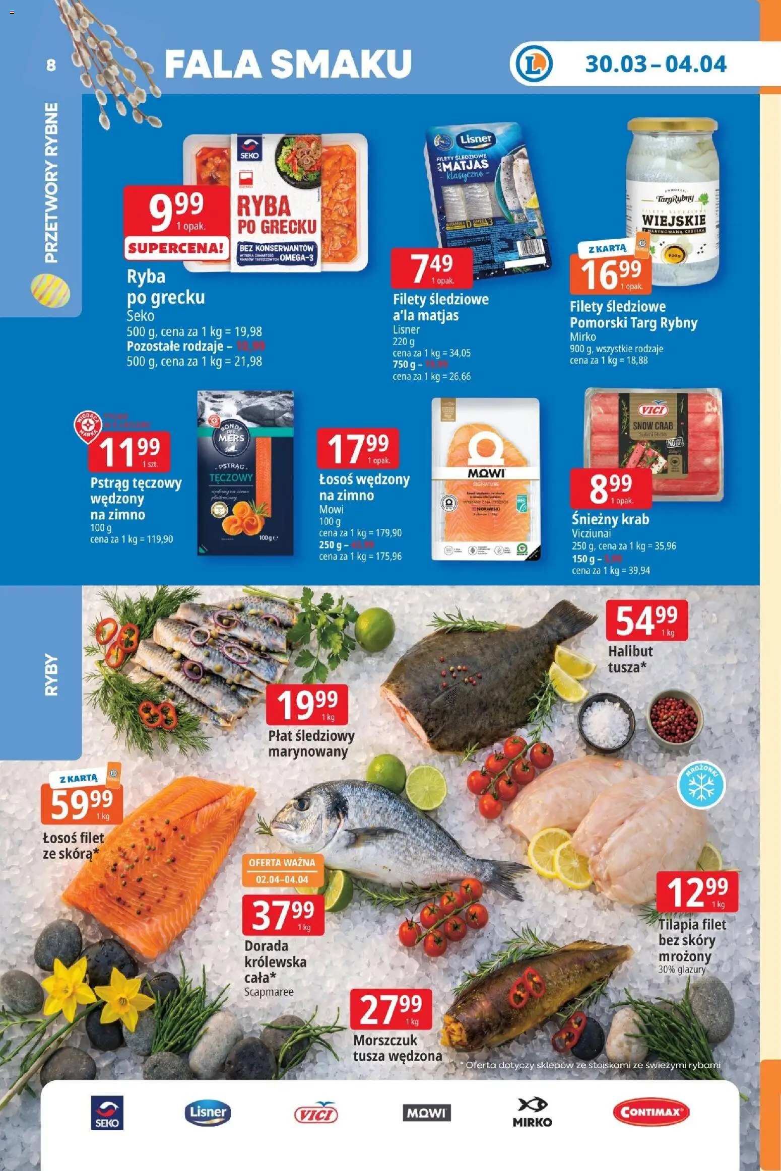E.Leclerc gazetka - Elbląg od 30.03.2026 | Strona: 8 | Produkty: Pstrąg, Halibut, Tilapia, Dorada
