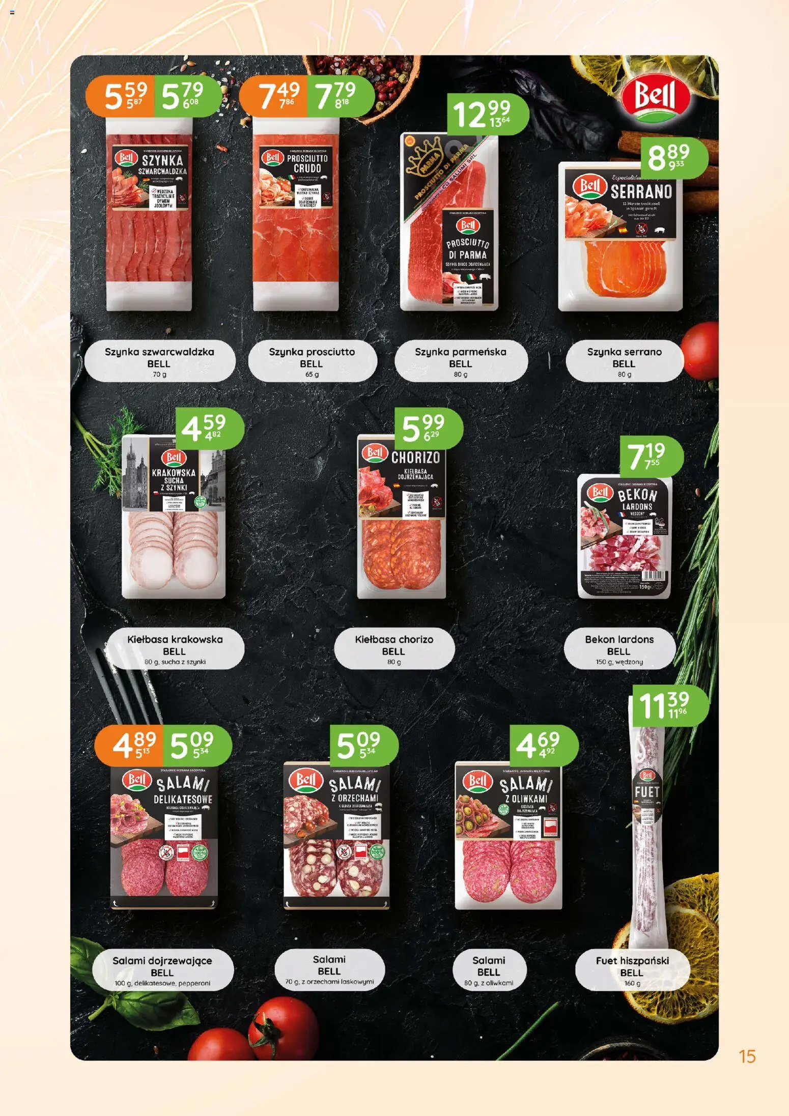 Eurocash Gazetka - Katalog Wędliny od 01.01.2026 | Strona: 15 | Produkty: Bell, Fuet, Szynka serrano, Salami