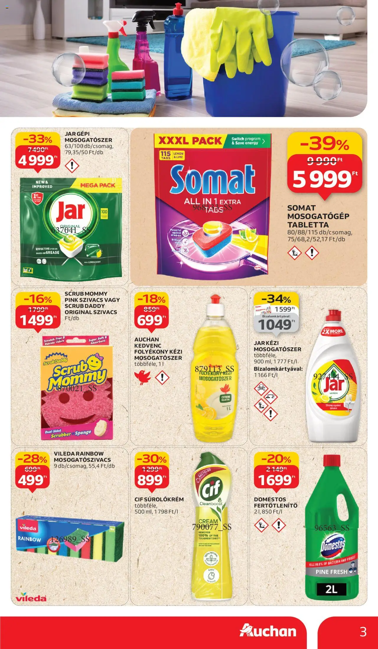 Auchan akciós ujság - amely érvényes a következő dátumtól: 11.09.2025 | Oldal: 3 | Termékek: Lime, Somat, Mosogatószer, Vileda