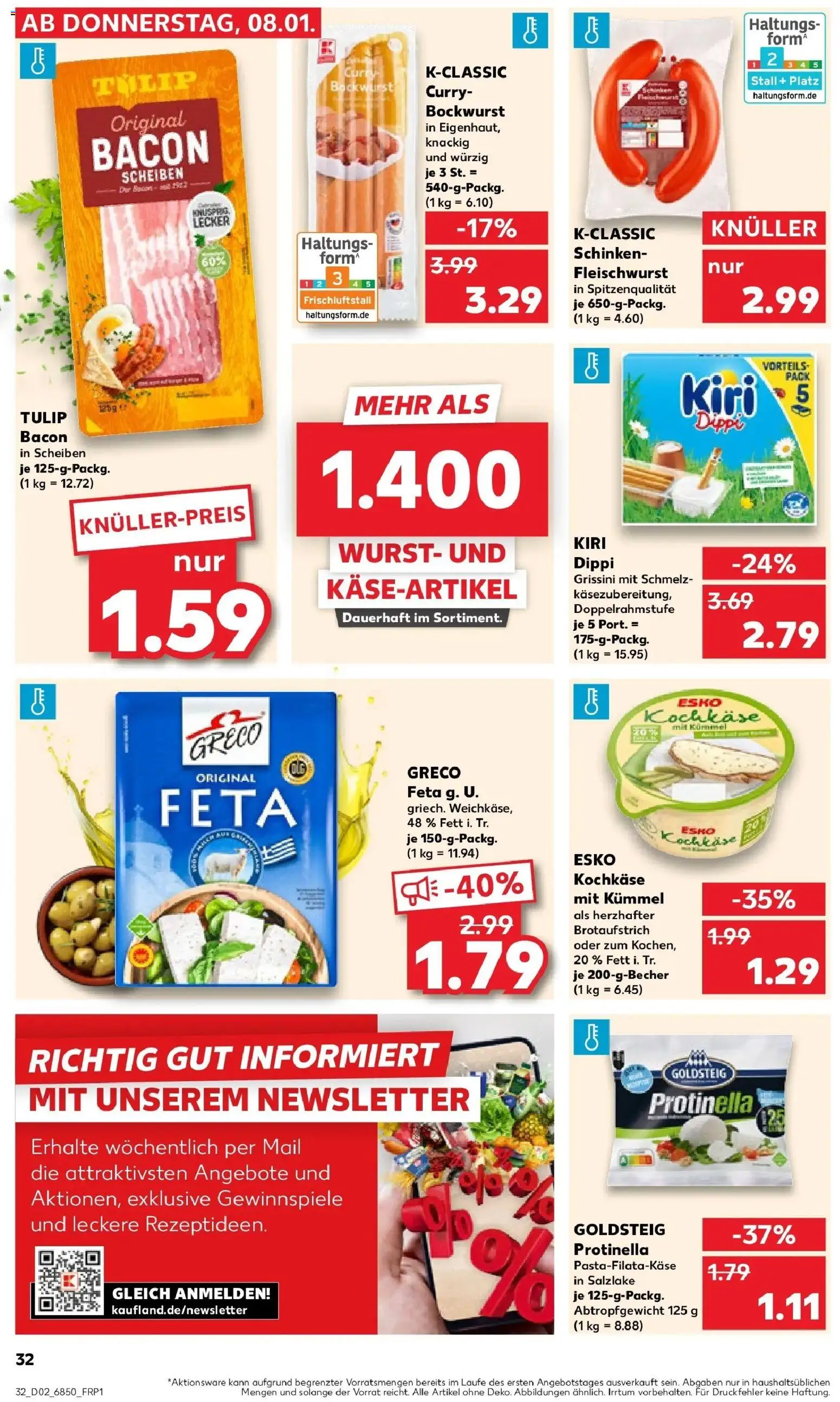 Kaufland prospekt Aalen	 – gültig ab 08.01.2026 | Seite: 32 | Produkte: Bockwurst, Feta, Wurst, Schinken