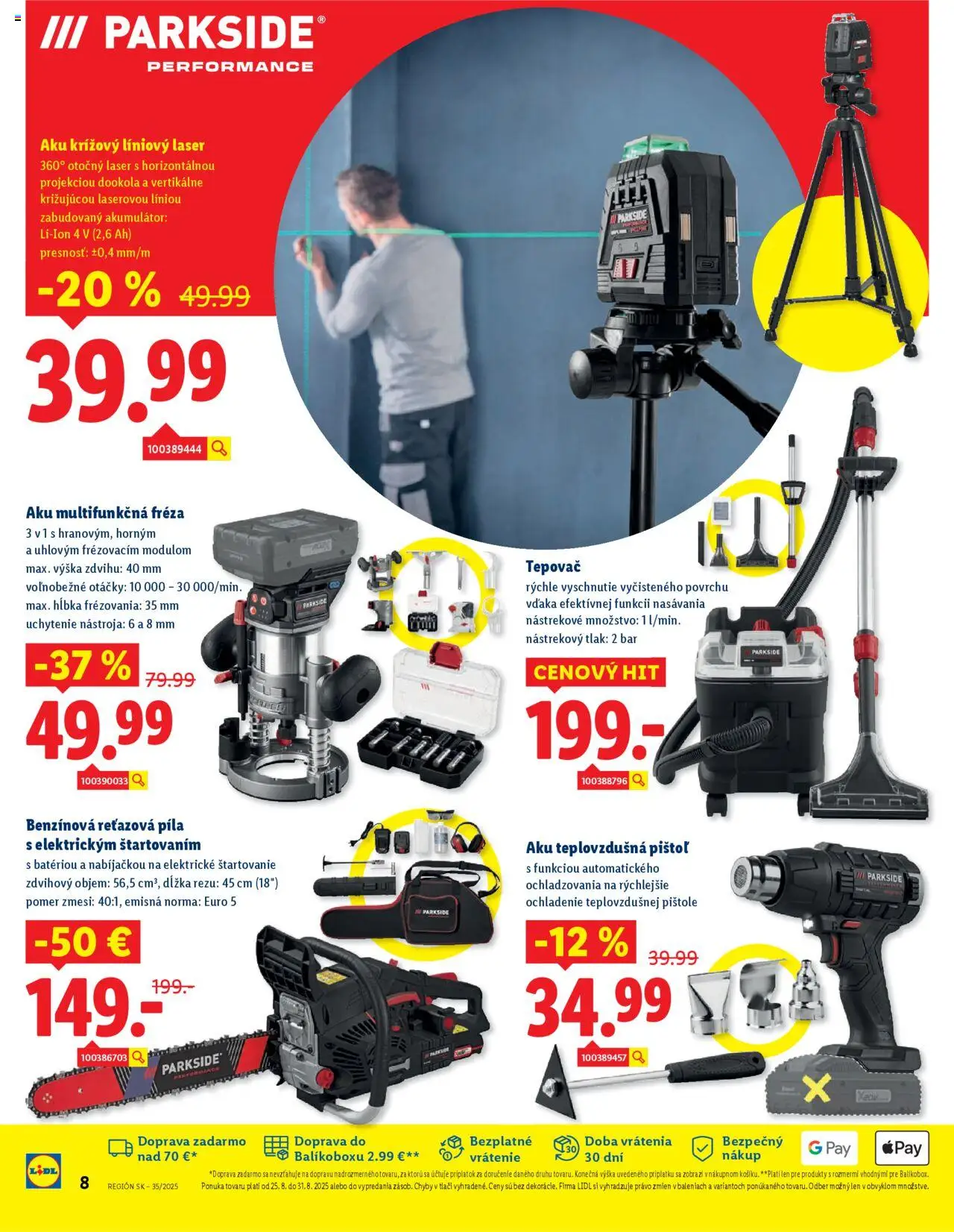 Lidl online magazín │ platný od 25.08.2025 | Strana: 8 | Produkty: Laser, Reťazová píla, Píla, Tepovač