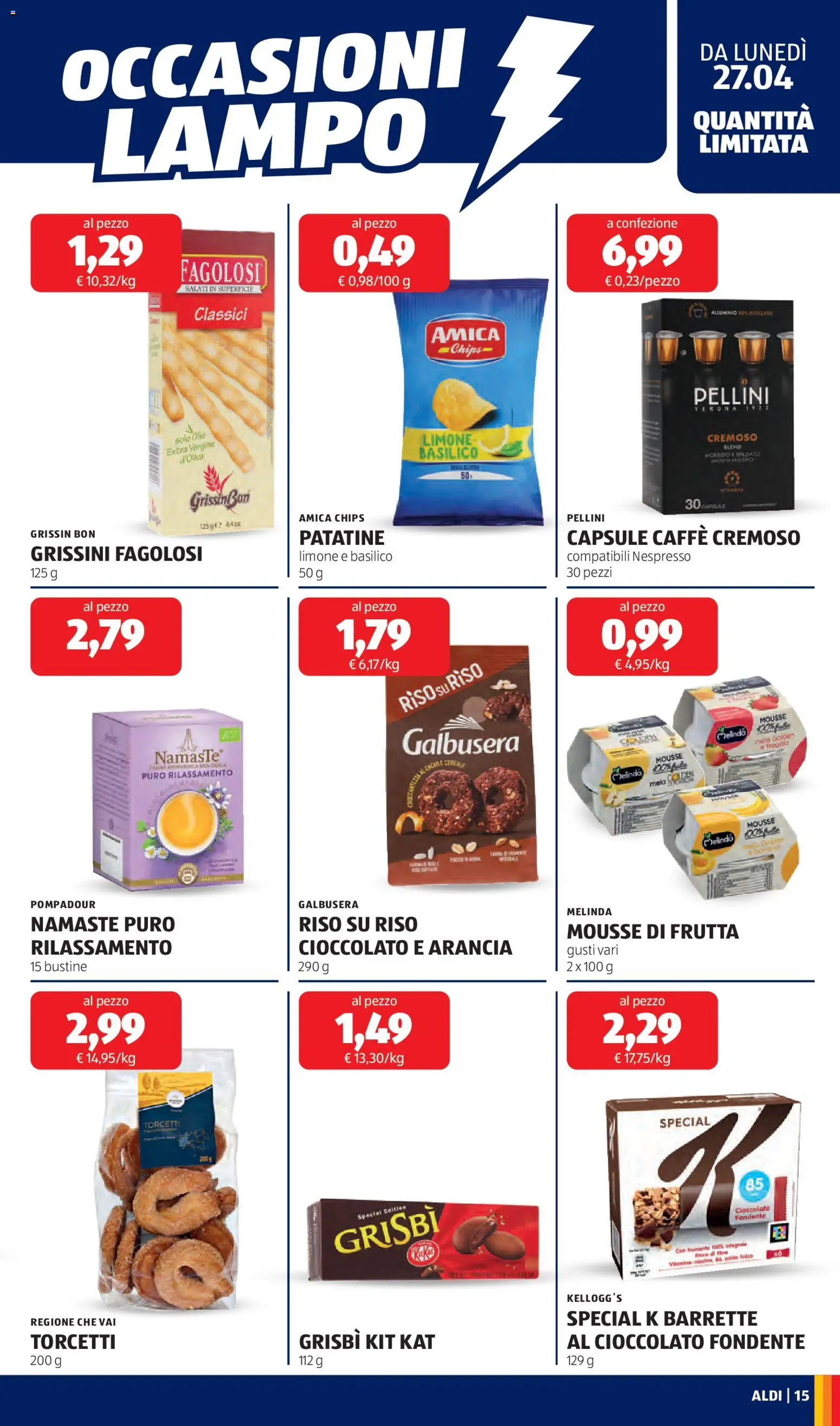 Volantino Aldi del 27.04.2026 | Pagina: 15 | Prodotti: Cioccolato, Riso, Patatine, Olio