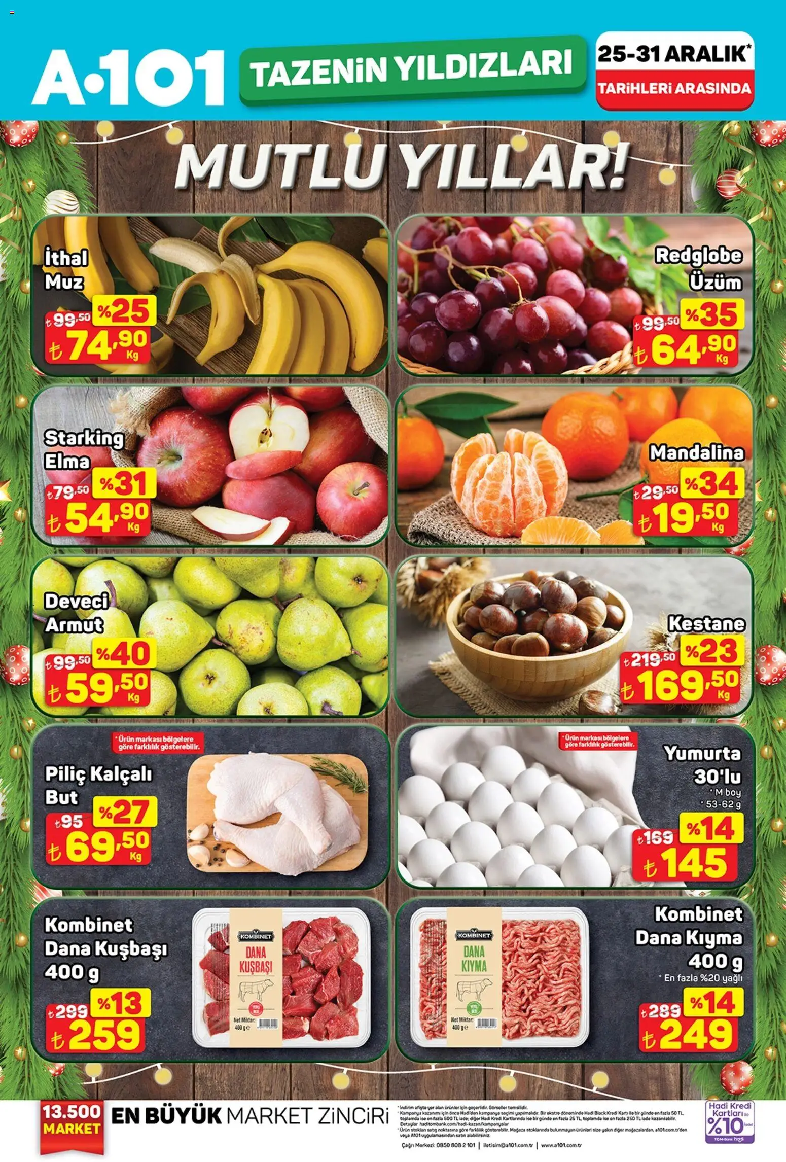 A101 Tazenin Yıldızları - 25.12.2025 tarihinden itibaren geçerlidir | Sayfa: 1 | Ürünler: Yumurta, Elma, Dana kuşbaşı, Üzüm