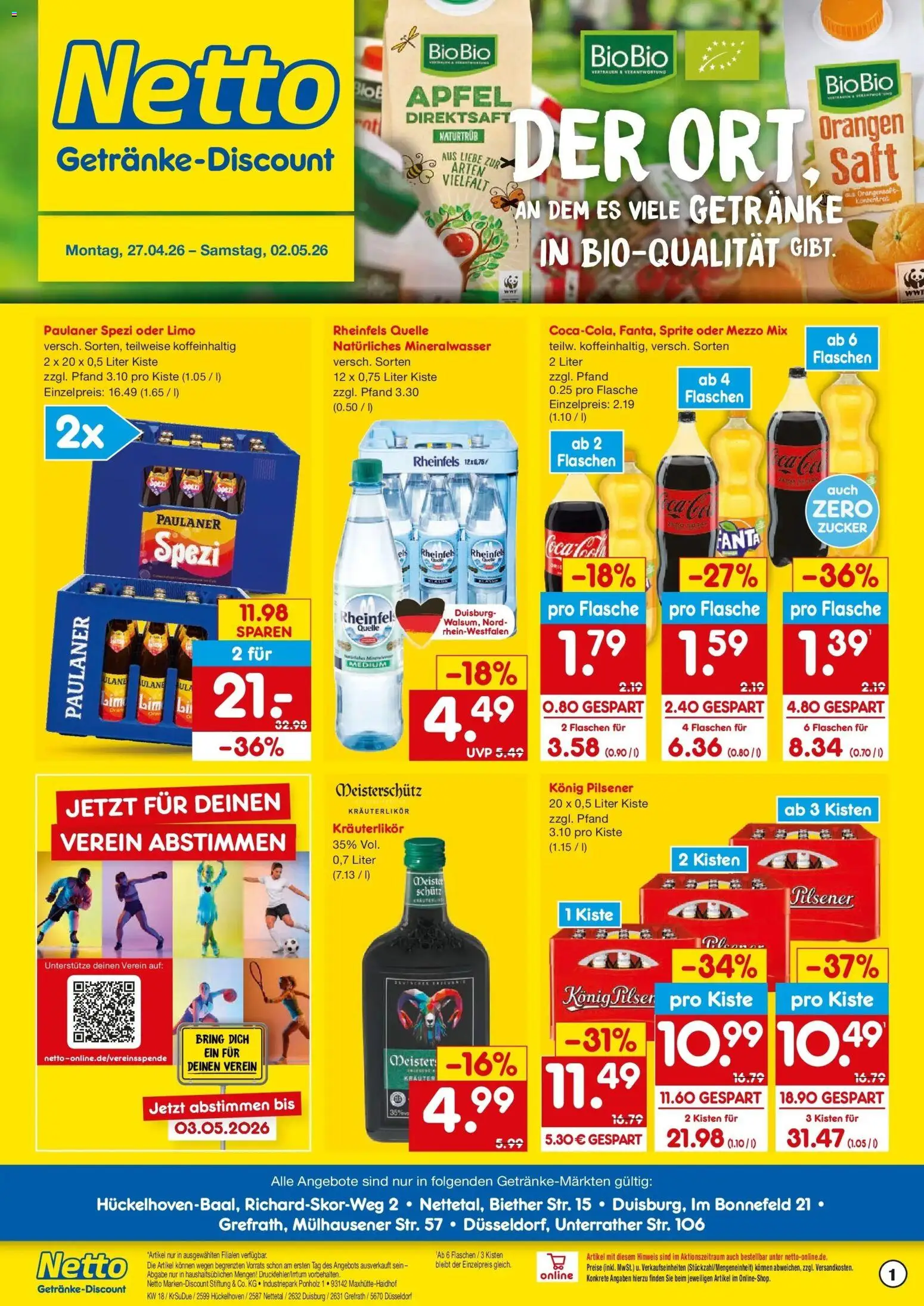 Netto Marken-Discount Prospekt Nettetal	 – gültig ab 27.04.2026 | Seite: 1 | Produkte: Mezzo mix, Orangensaft, Zucker, Paulaner