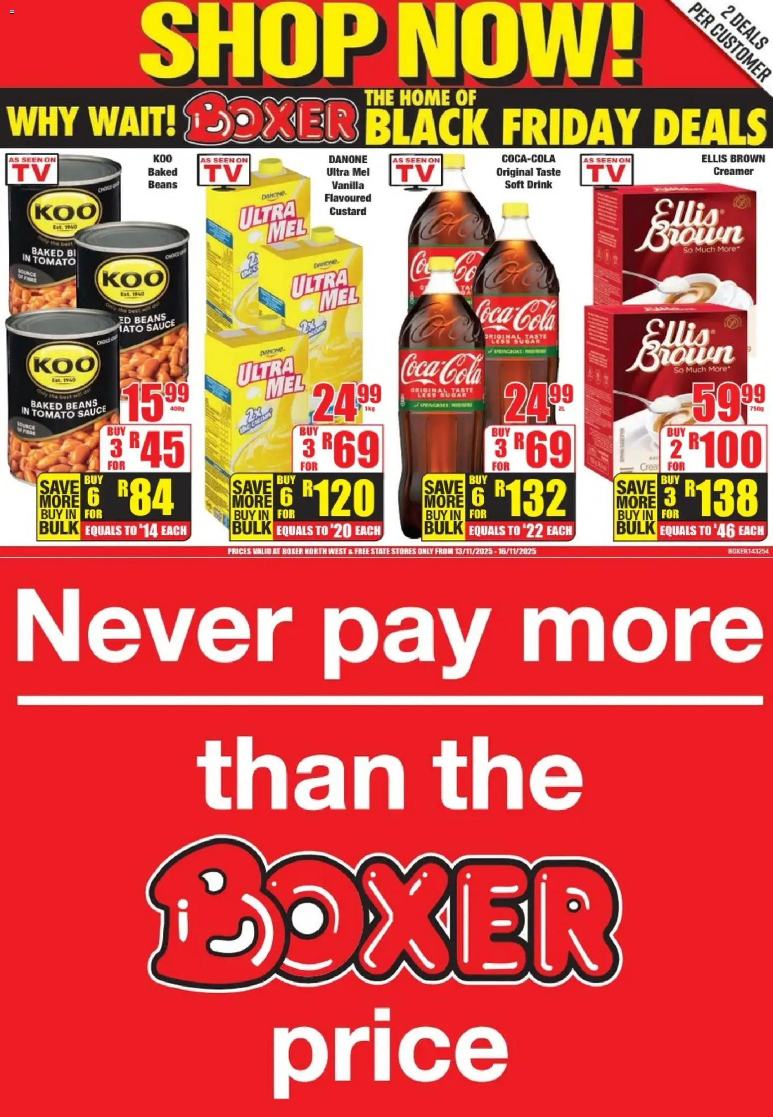 New Boxer catalogue – valid from 13.11.2025 | Page: 1 | Products: Custard, Beans, Creamer, Tomato sauce