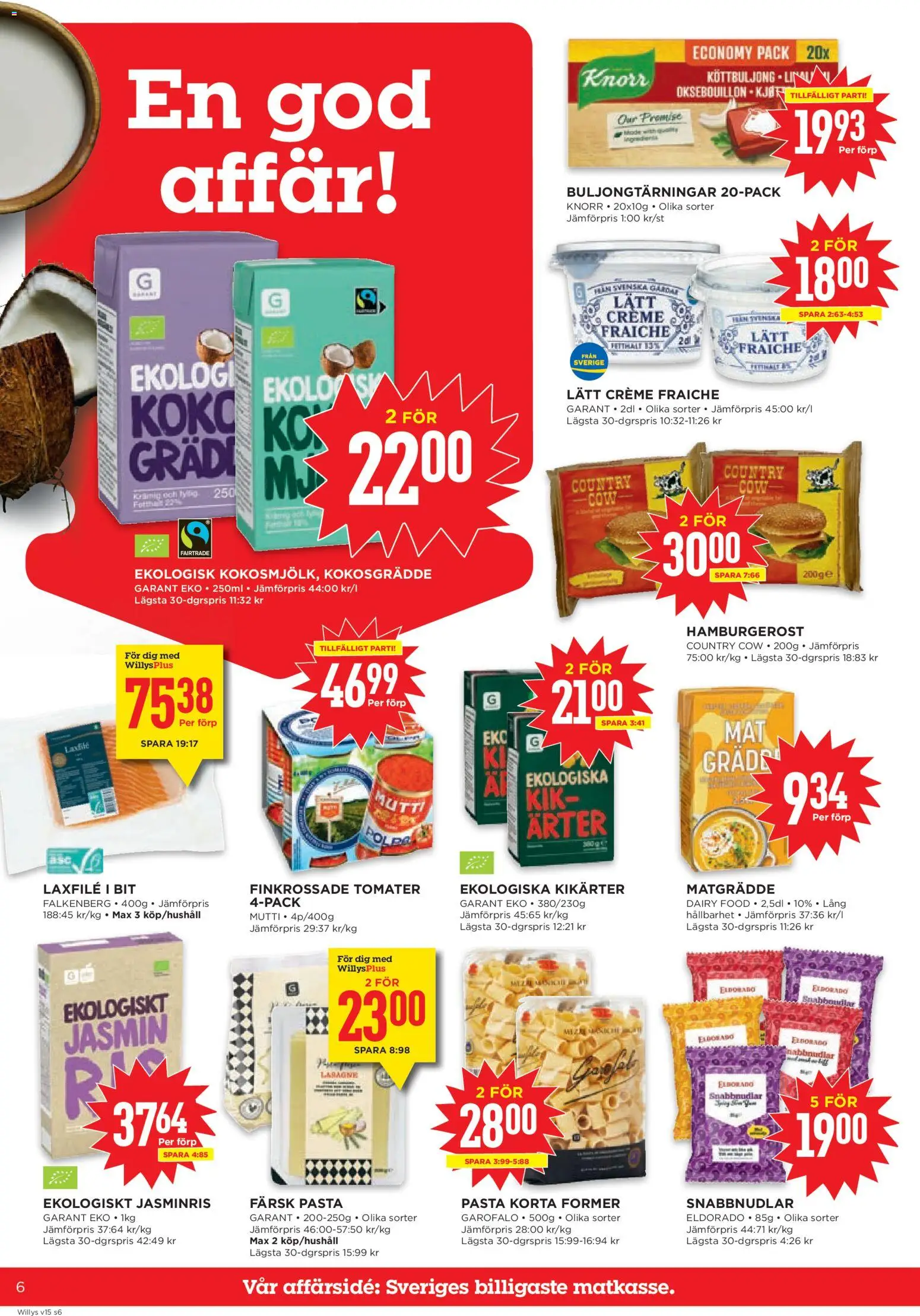 Willys reklamblad aktuell från 06.04.2026 | Sida: 6 | Produkter: Köttbuljong, Creme fraiche, Tomater, Pasta