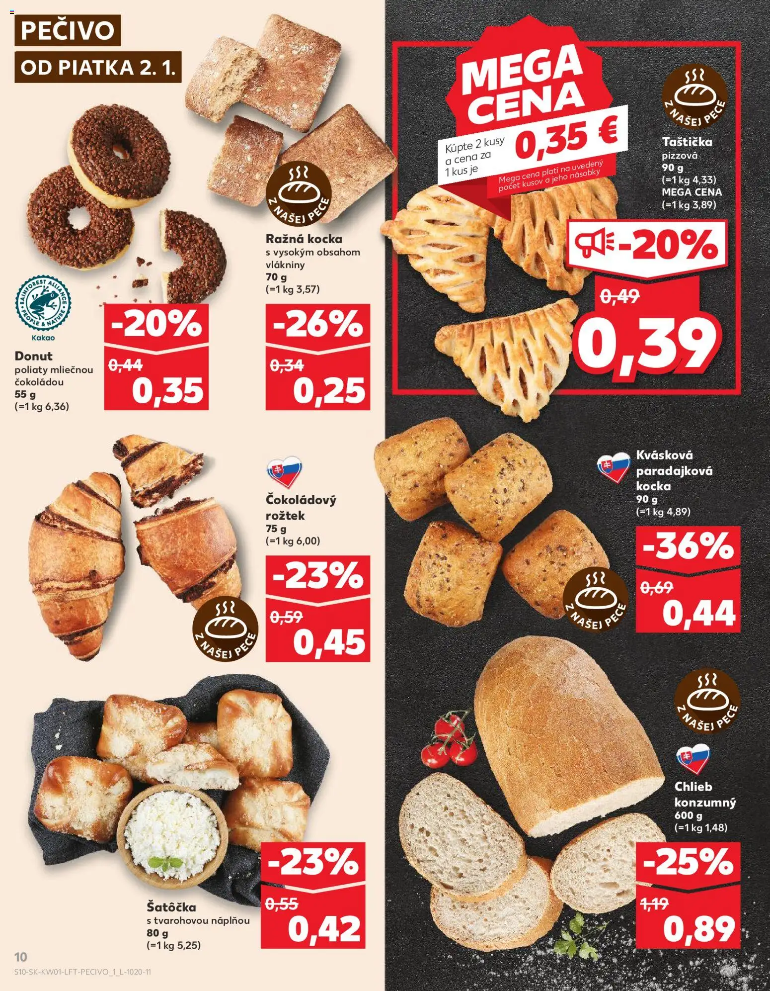 Nové Kaufland akcie – leták je platný od 02.01.2026 | Strana: 10 | Produkty: Chlieb, Pizza, Donut, Kakao