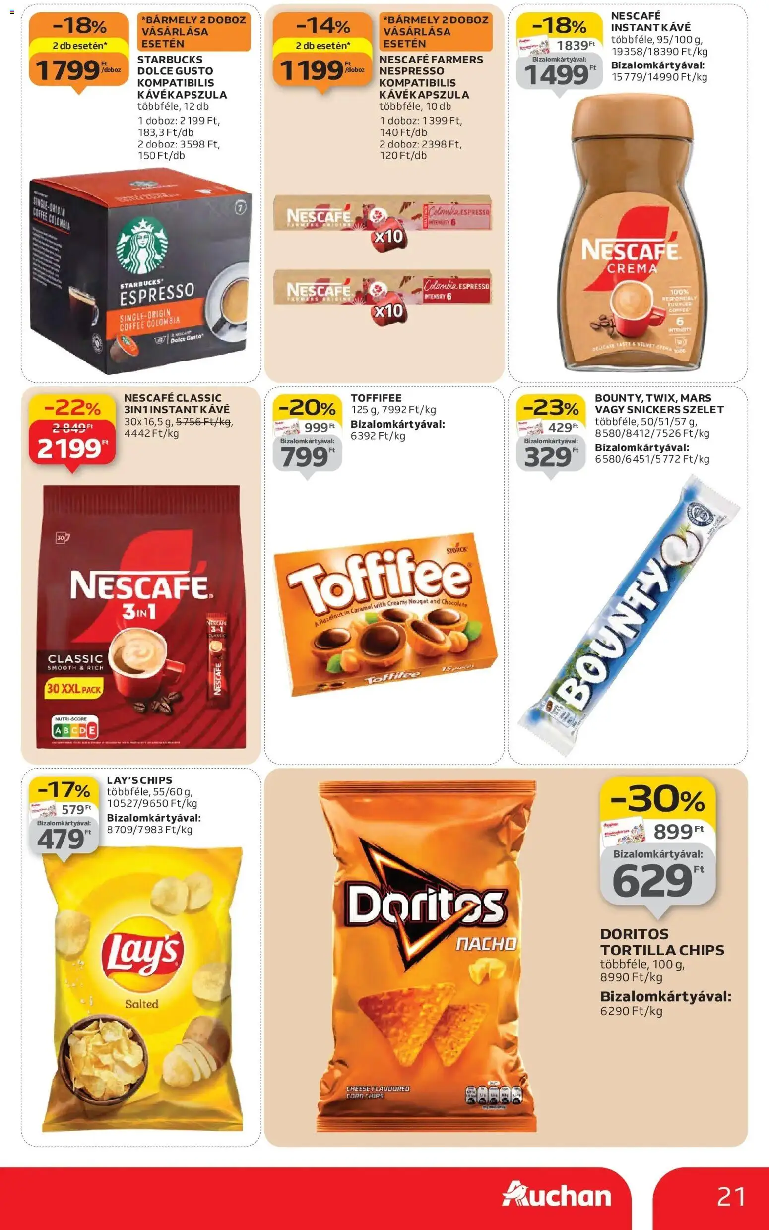 Auchan akciós ujság - amely érvényes a következő dátumtól: 22.01.2026 | Oldal: 21 | Termékek: Dolce Gusto, Chips, Doboz, Toffifee