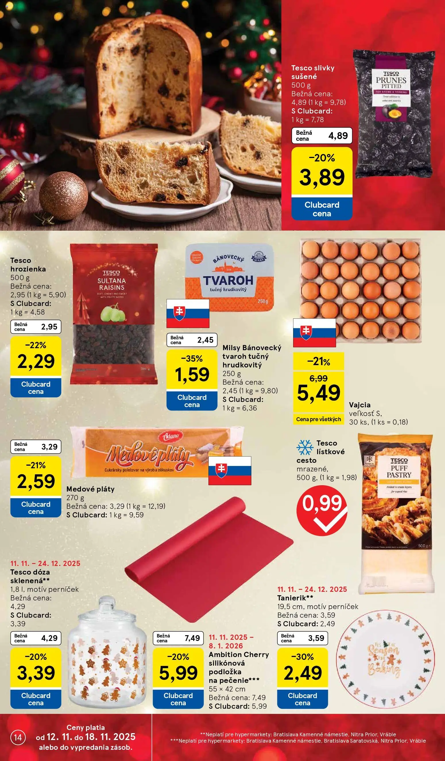 Nové Tesco akcie – leták je platný od 12.11.2025 | Strana: 14 | Produkty: Vajcia, Lístkové cesto, Tvaroh, Hrozienka