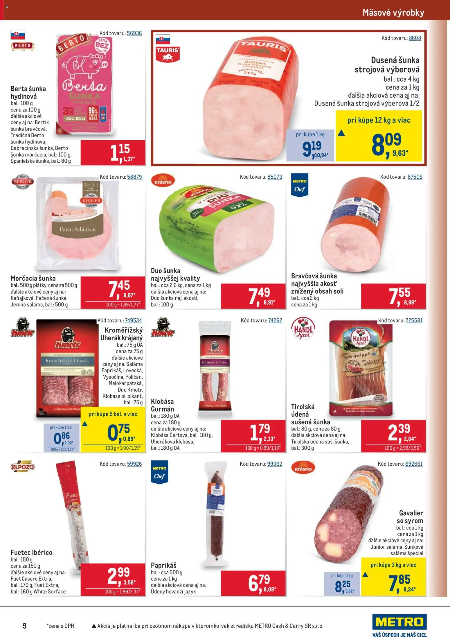 Nové Metro akcie – leták je platný od 05.11.2025 | Strana: 9 | Produkty: Saláma, Šunka, Klobása