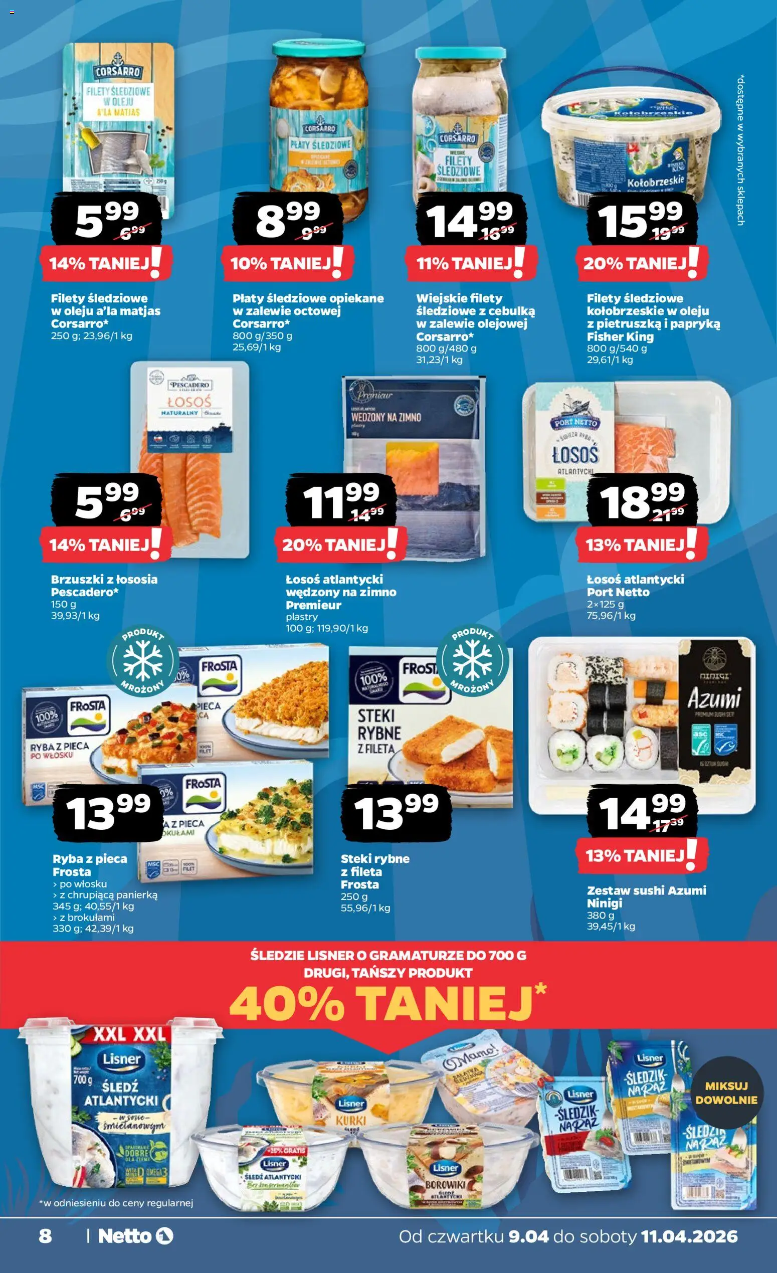 Netto gazetka od czwartku spożywcza od 09.04.2026 | Strona: 8 | Produkty: Śledzie lisner, Pietruszka, Papryka, Zestaw sushi