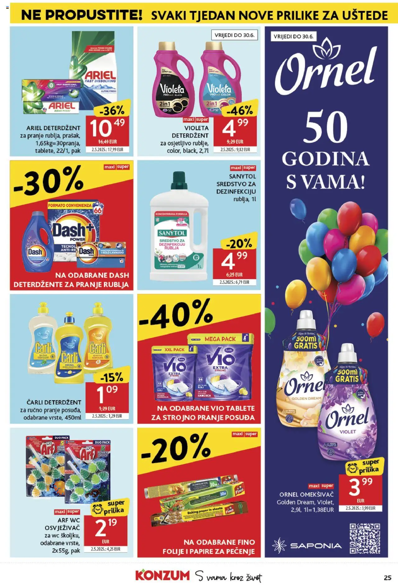 Konzum katalog | vrijedi od 28.05.2025 | Stranica: 25 | Proizvodi: Omekšivač, Deterdžent, Arf, Dash