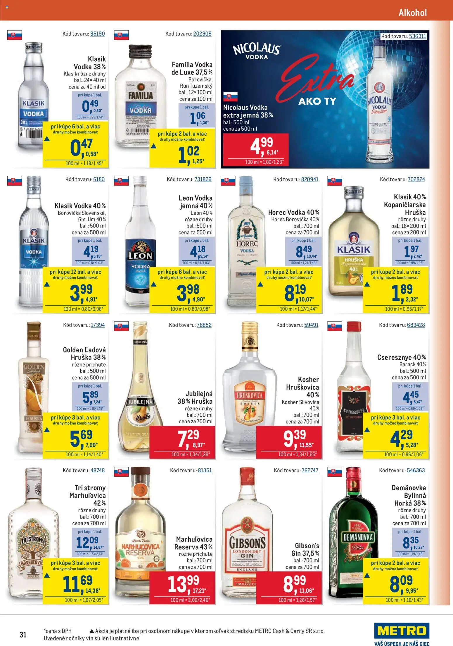 Nové Metro akcie – leták je platný od 19.11.2025 | Strana: 31 | Produkty: Borovička, Slivovica, Alkohol, Nicolaus vodka