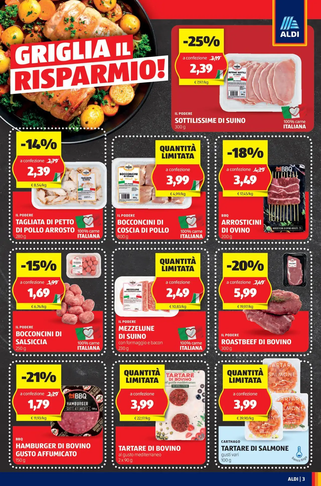 Volantino Aldi del 23.06.2025 | Pagina: 3 | Prodotti: Bovino, Suino, Aneto, Hamburger