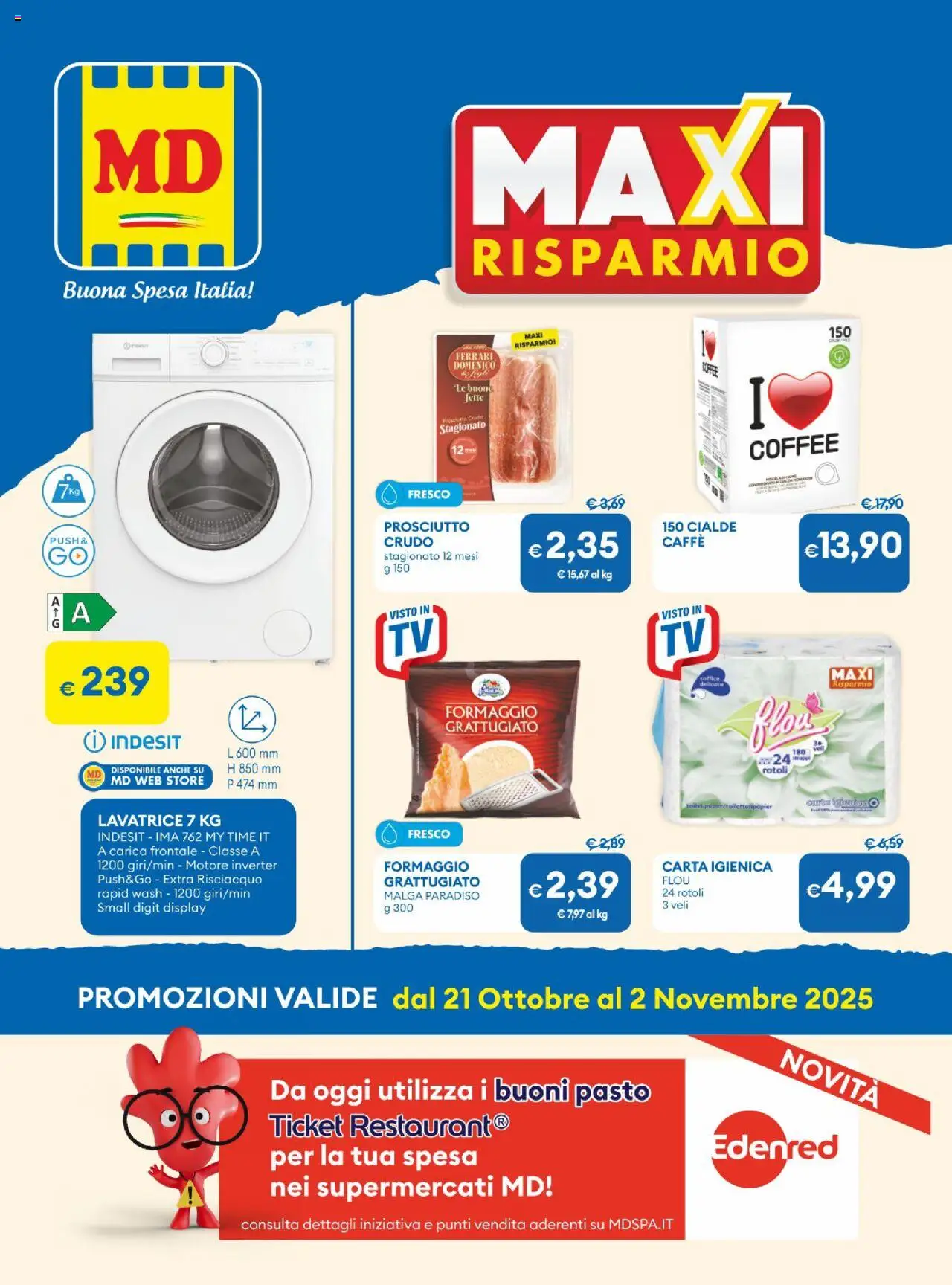 Volantino MD Discount del 21.10.2025 | Pagina: 1 | Prodotti: Caffè, Formaggio, Prosciutto, Lavatrice