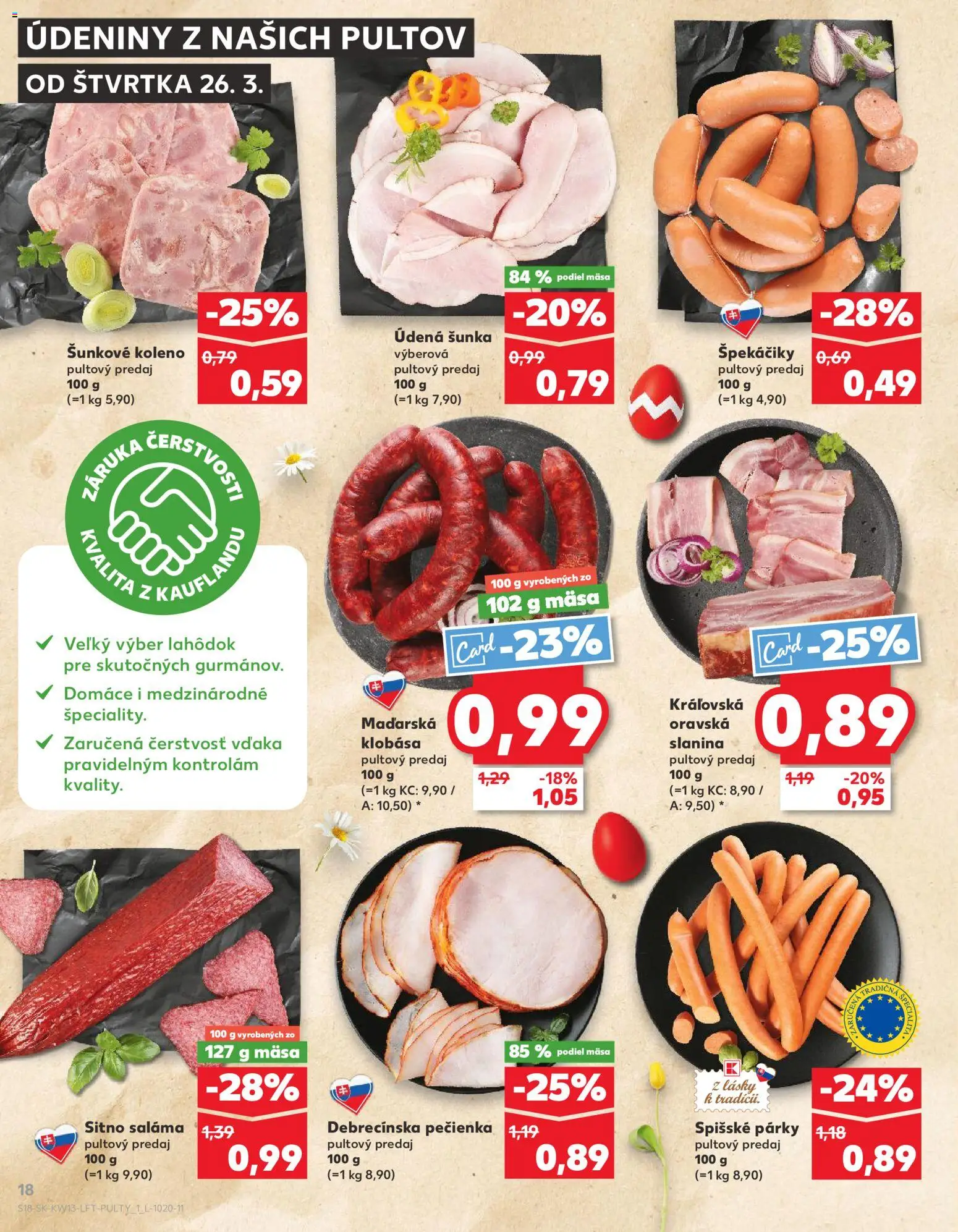 Nové Kaufland akcie – leták je platný od 26.03.2026 | Strana: 18 | Produkty: Saláma, Slanina, Klobása, Párky