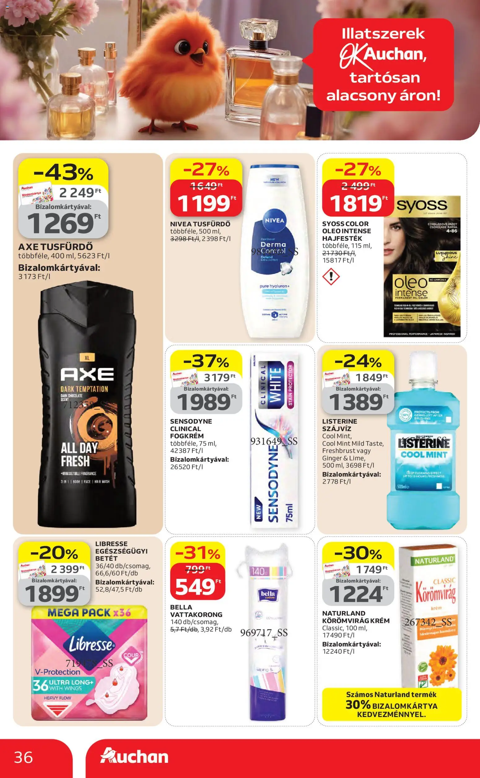 Auchan akciós ujság - amely érvényes a következő dátumtól: 16.04.2026 | Oldal: 36 | Termékek: Vattakorong, Tusfürdő, Fogkrém, Szájvíz