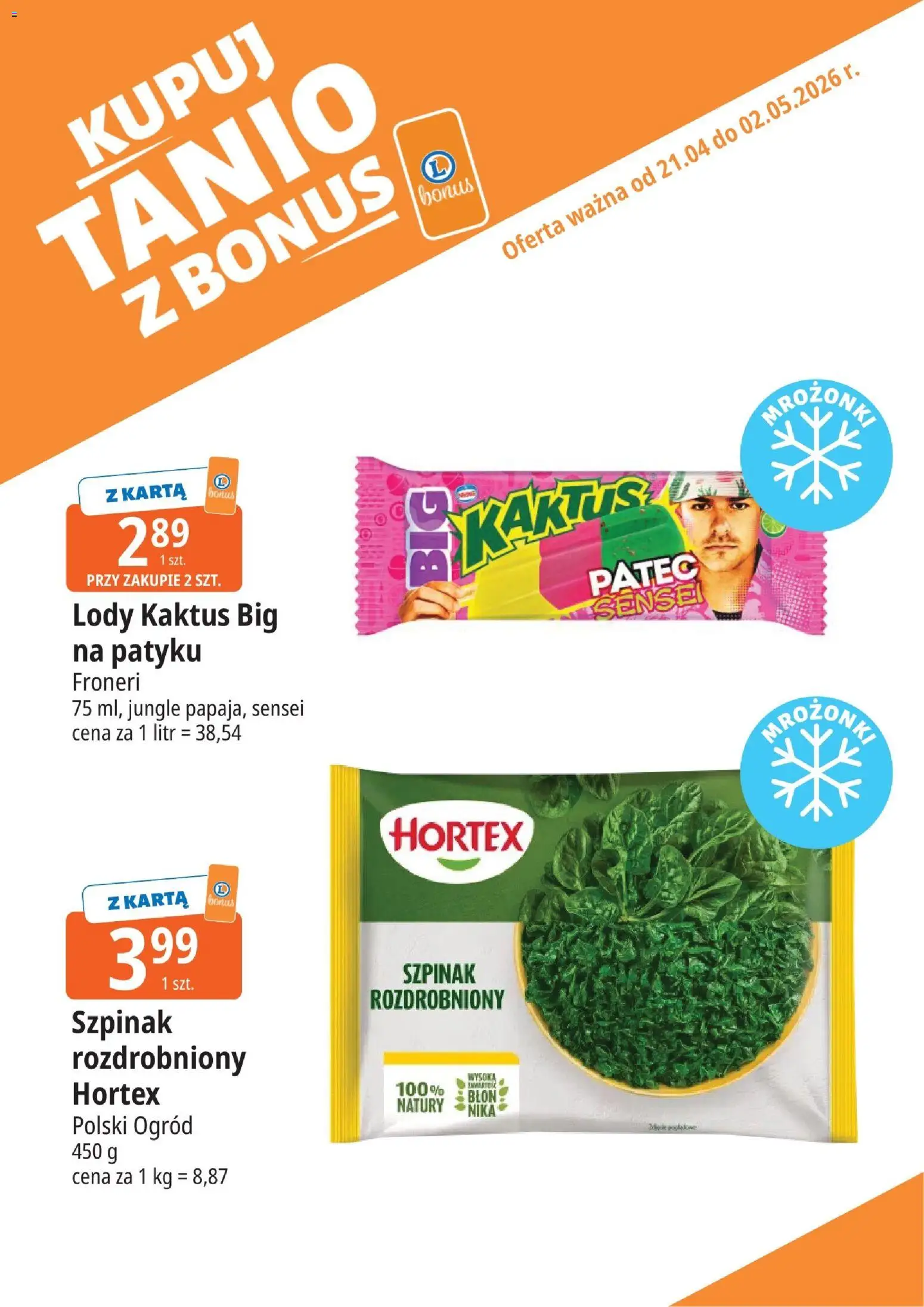E.Leclerc gazetka - Elbląg kupony dodatkowe od 21.04.2026 | Strona: 16 | Produkty: Karta, Szpinak, Lody Kaktus, Lody