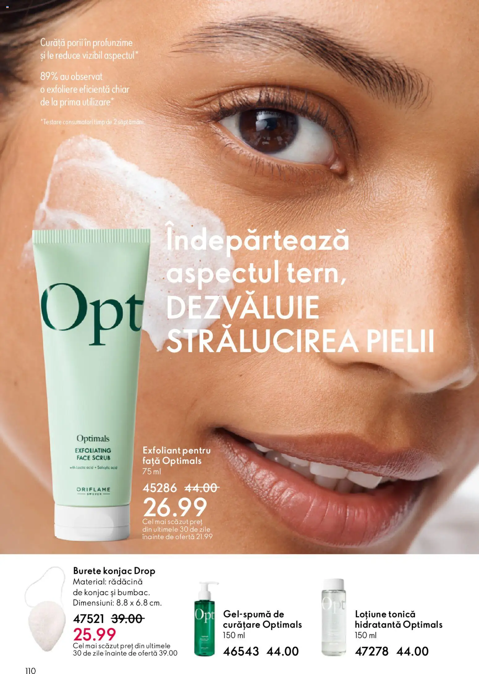 Noul catalog Oriflame – valabil de la 27.05.2026 | Pagină: 110 | Produse: Loțiune tonică, Exfoliant, Scrub, Burete