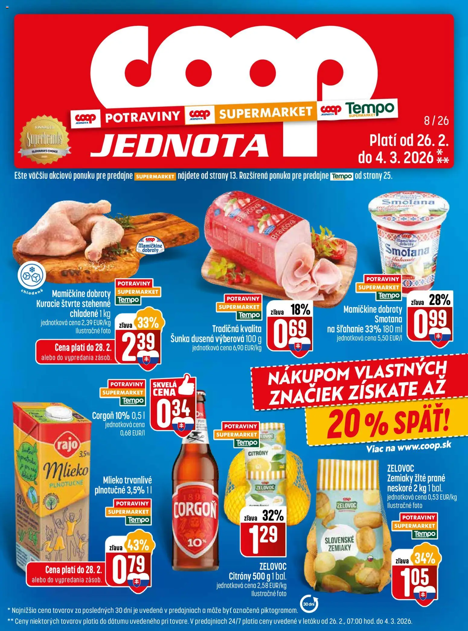 Nové COOP Jednota akcie – leták je platný od 26.02.2026 | Strana: 1 | Produkty: Šunka, Smotana, Citróny, Zemiaky