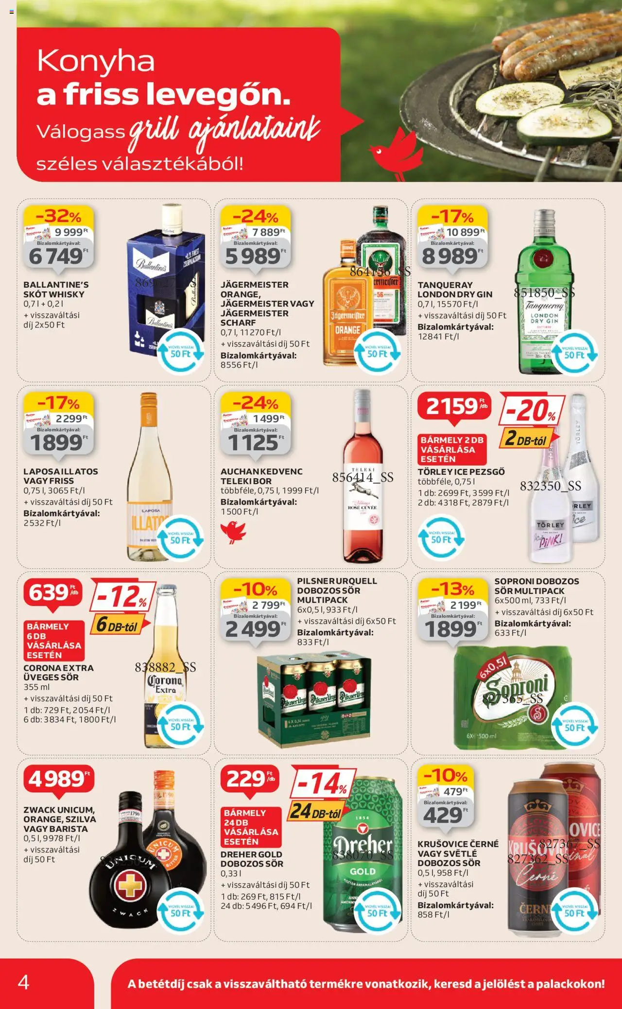 Auchan akciós ujság - amely érvényes a következő dátumtól: 12.06.2025 | Oldal: 4 | Termékek: Jägermeister, Krusovice, Sör, Whisky