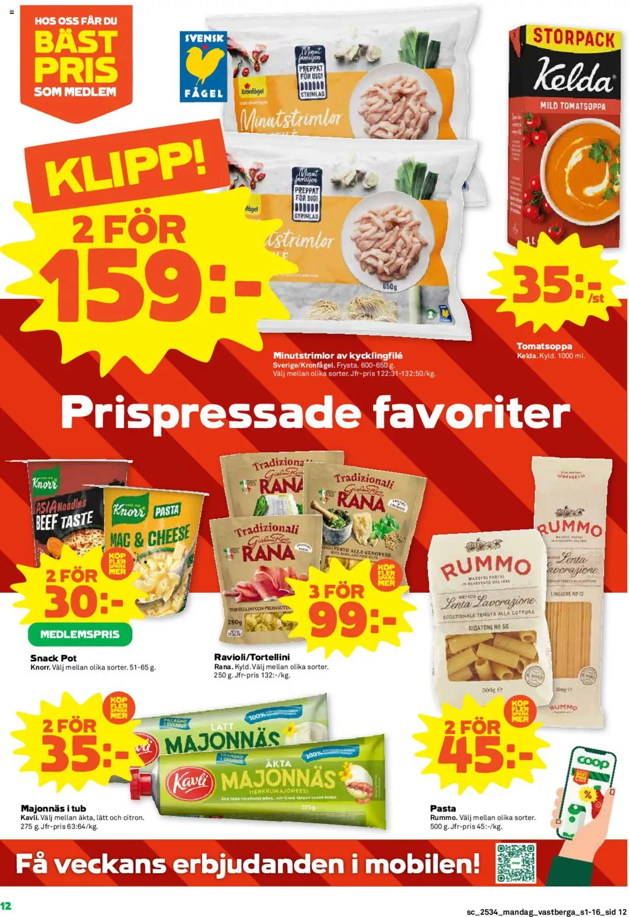 Coop Forum reklamblad aktuell från 18.08.2025 | Sida: 12 | Produkter: Kycklingfile, Majonnäs, Pasta, Pesto