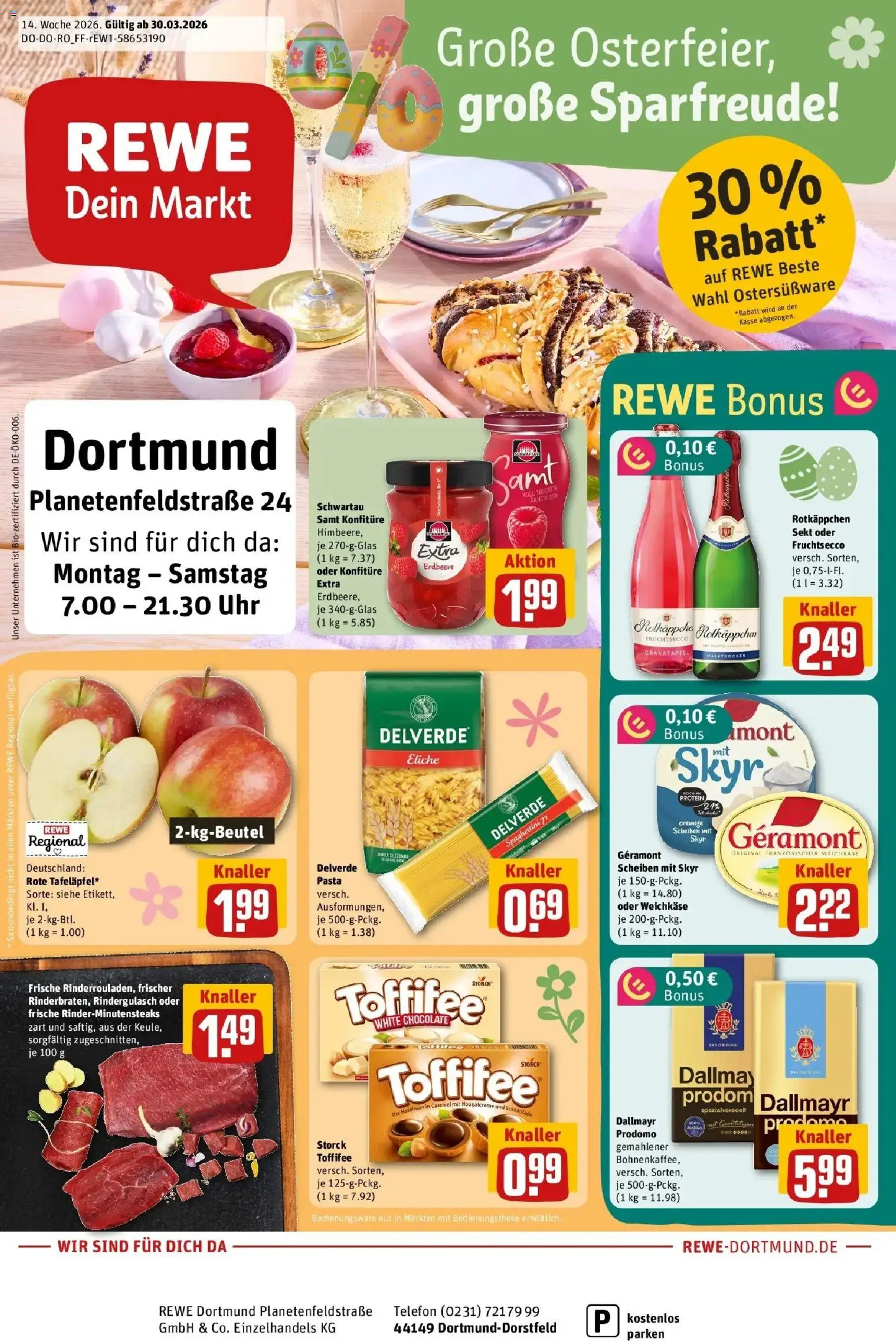 Rewe Prospekt Dortmund	 – gültig ab 30.03.2026 | Seite: 1 | Produkte: Rotkappchen sekt, Rindergulasch, Granatapfel, Pasta