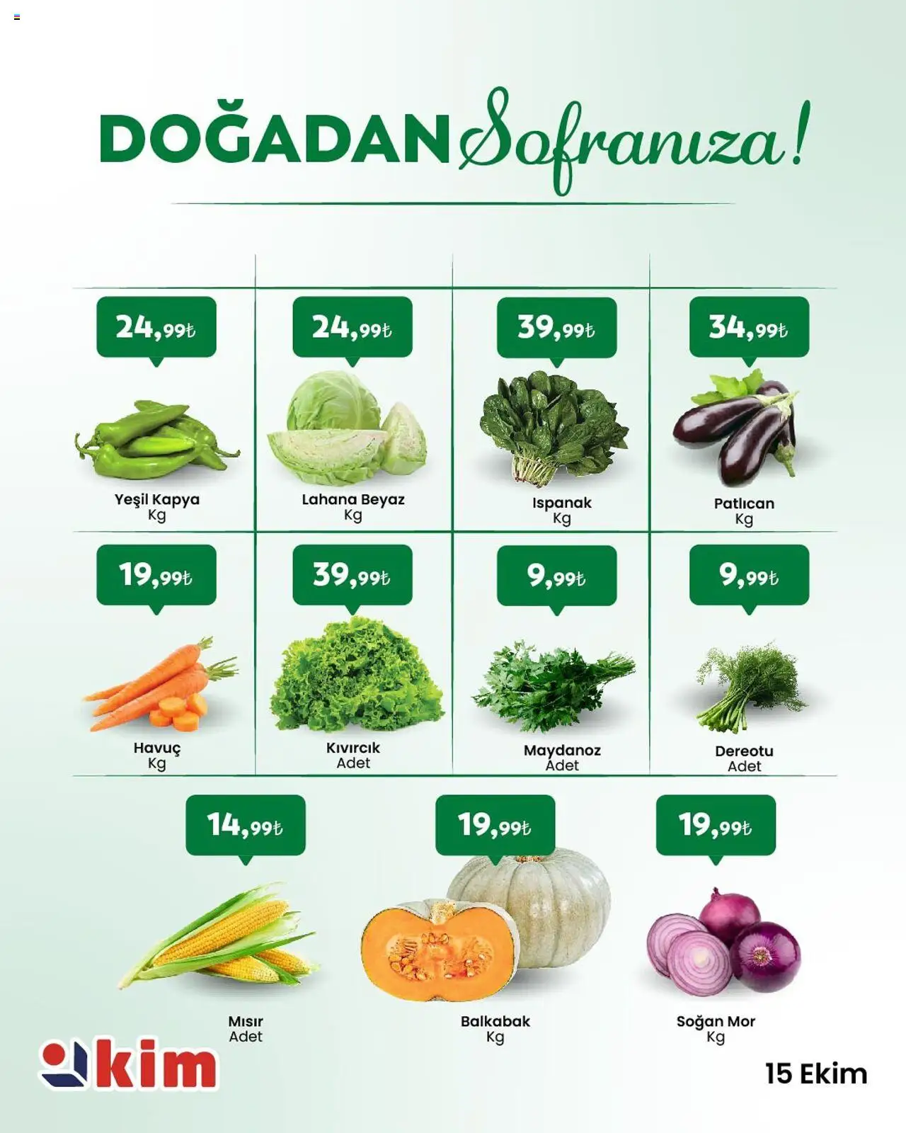 Kim Market Sebze ve meyve - 15.10.2025 tarihinden itibaren geçerlidir | Sayfa: 2 | Ürünler: Ispanak, Havuç, Patlıcan, Lahana