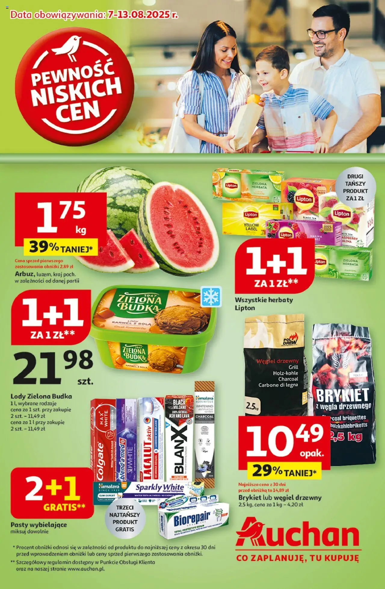 Auchan Gazetka - Pewność niskich cen Hipermarket od 07.08.2025 | Strona: 1 | Produkty: Grill, Herbata, Lacalut, Lody