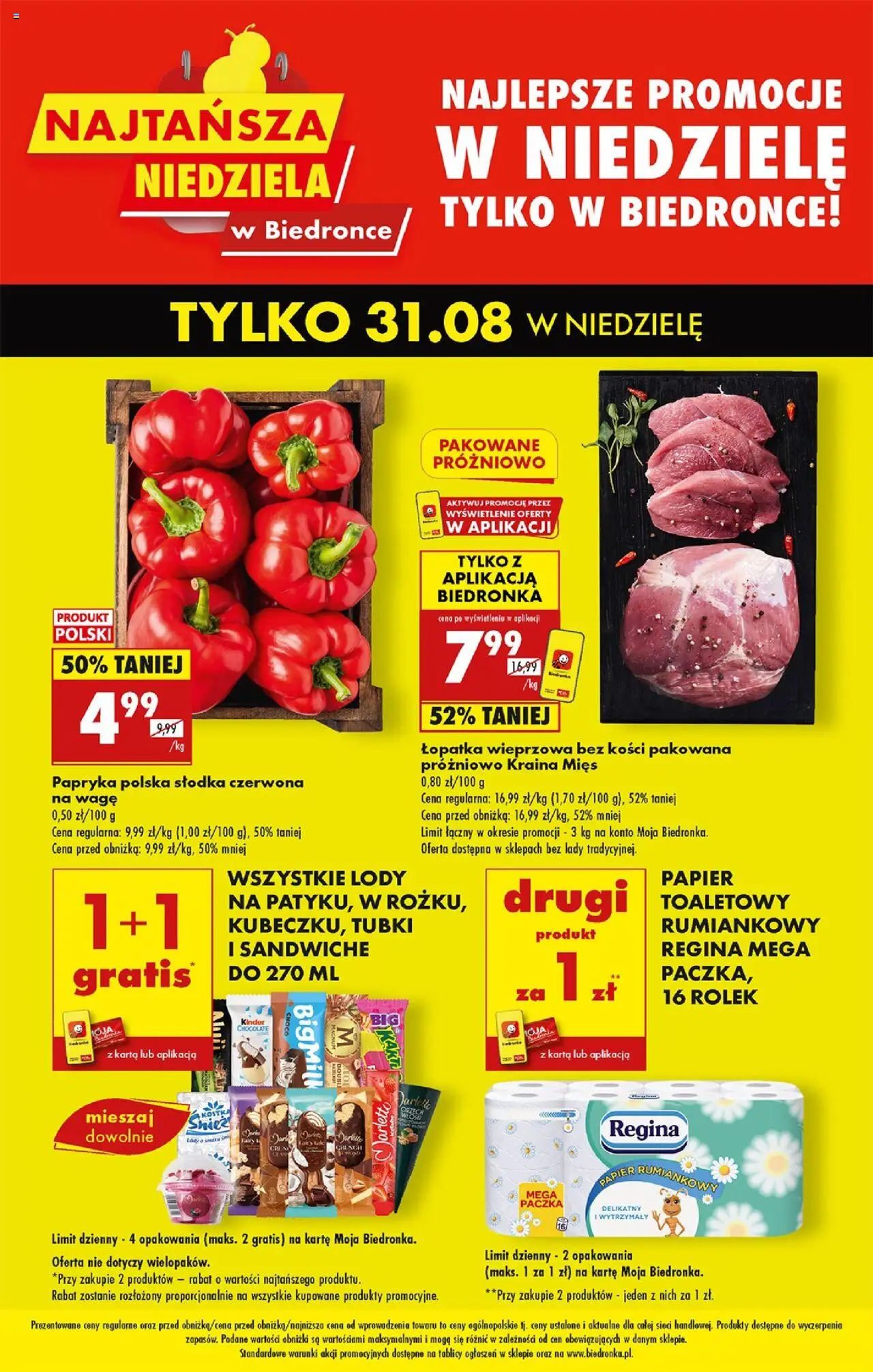 Biedronka gazetka - Najtańsza niedziela od 31.08.2025 | Strona: 1 | Produkty: Karta, Papier toaletowy, Papryka, Łopatka wieprzowa