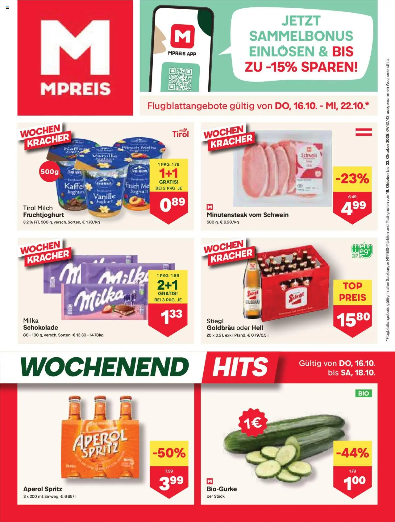 MPREIS Salzburg gültig ab 16.10.2025 | Seite: 1 | Produkte: Pfirsich, Milch, Joghurt, Schokolade