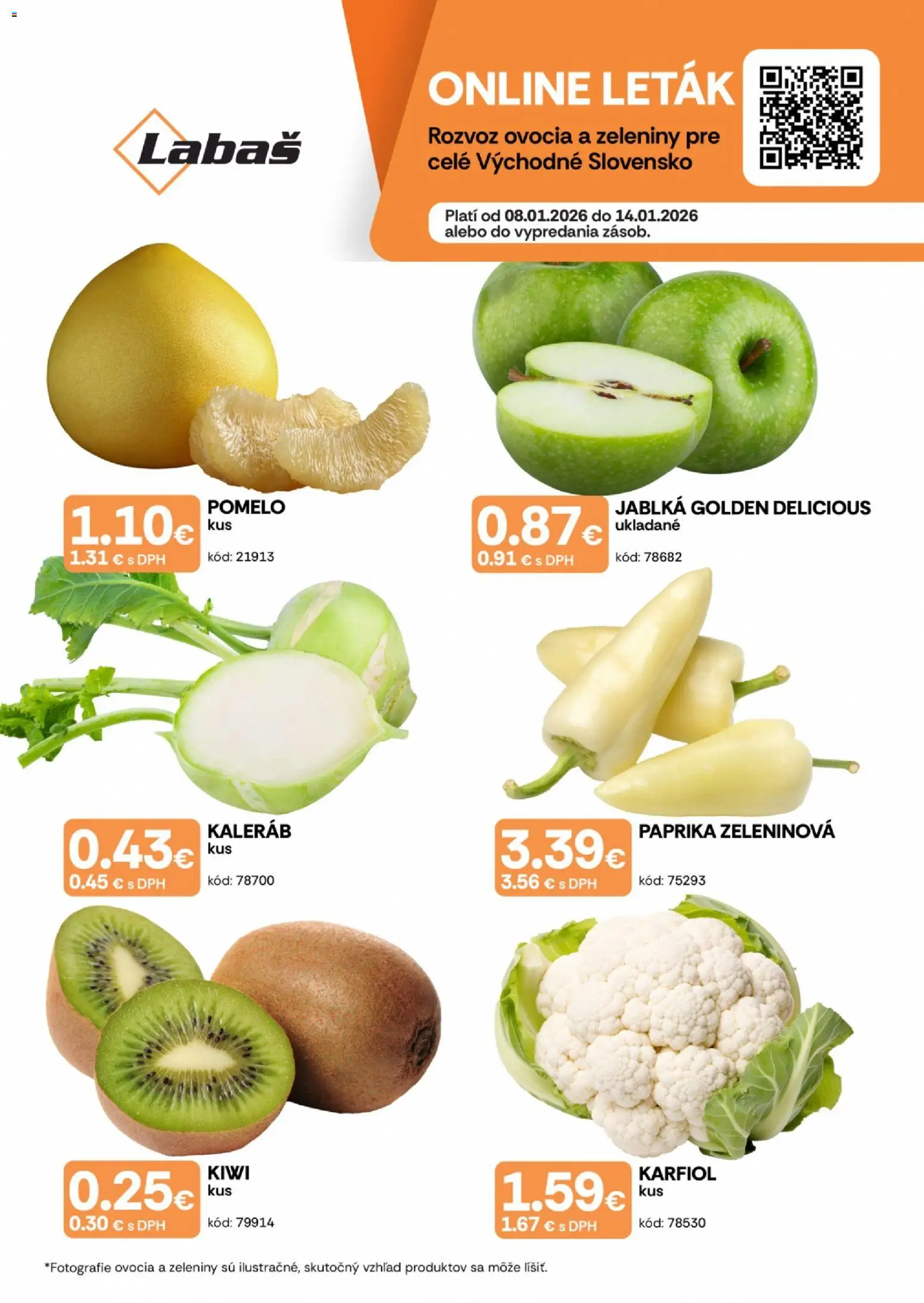 Nové Labaš akcie – leták je platný od 08.01.2026 | Strana: 1 | Produkty: Paprika, Jablká, Karfiol, Kiwi