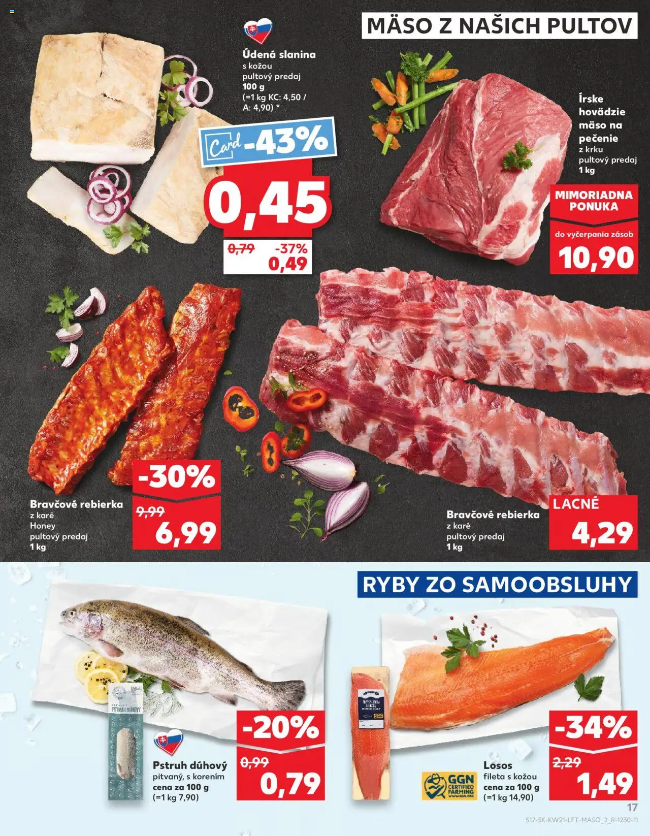 Nové Kaufland akcie – leták je platný od 22.05.2025 | Strana: 17 | Produkty: Ryby, Slanina, Pstruh, Losos