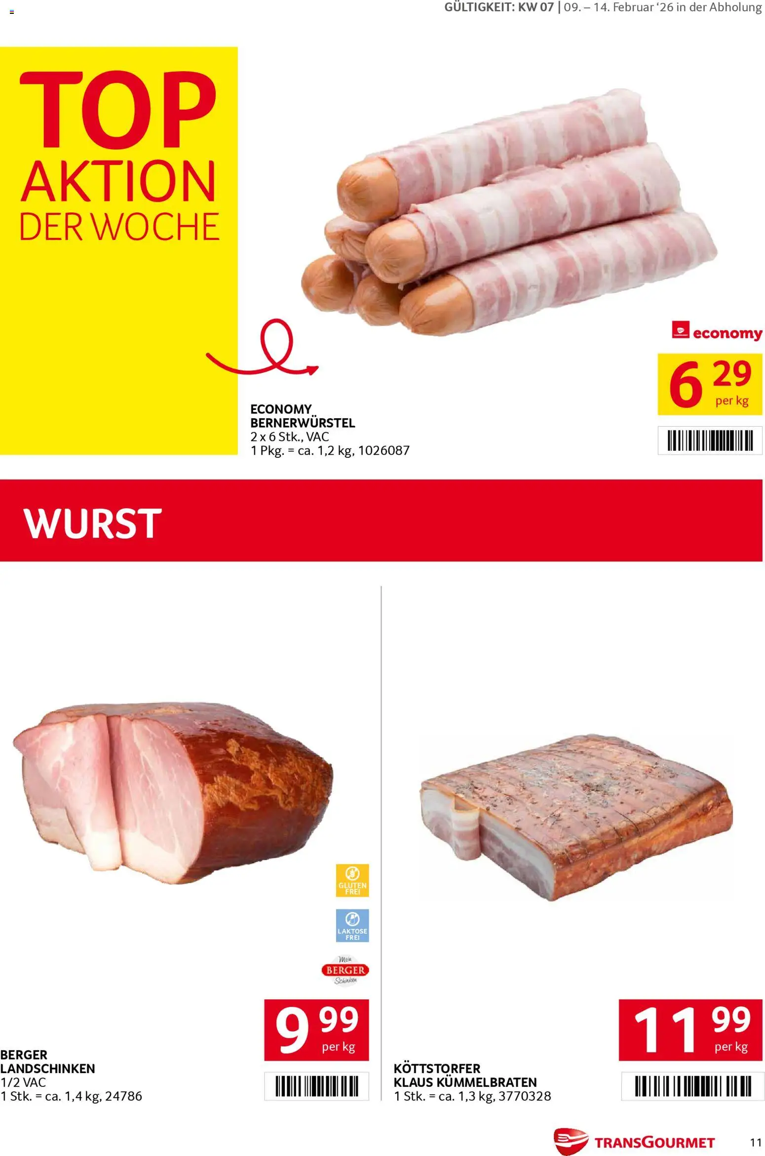 Transgourmet Flugblatt gültig ab 09.02.2026 | Seite: 11 | Produkte: Wurst