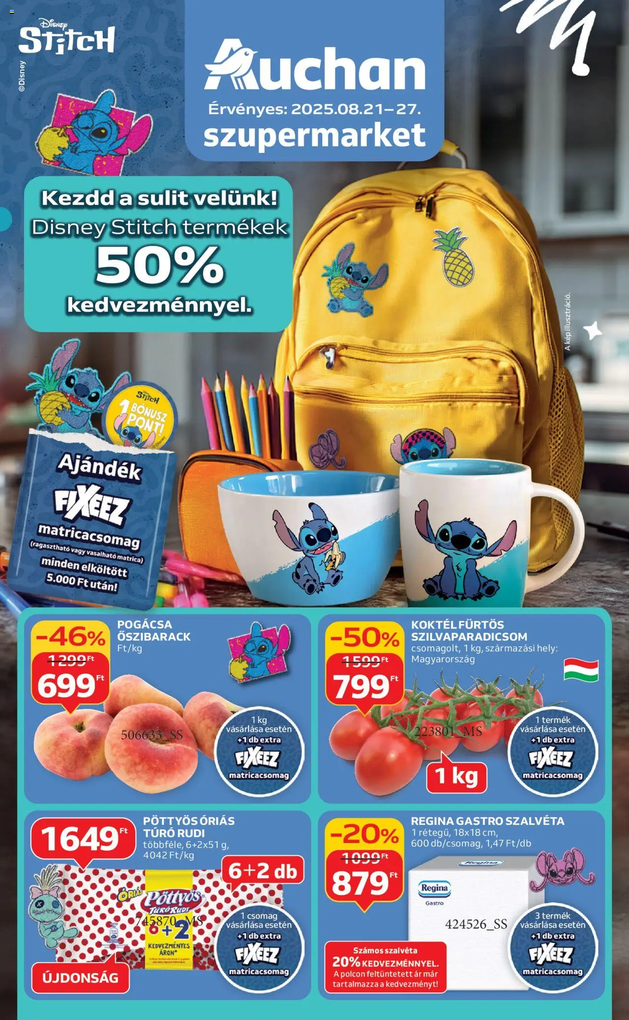 Auchan akciós ujság - amely érvényes a következő dátumtól: 21.08.2025 | Oldal: 1 | Termékek: Őszibarack, Túró rudi, Túró, Pogácsa