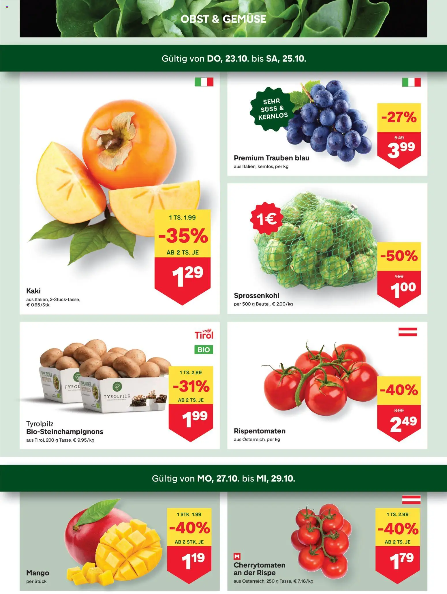 MPREIS Flugblatt gültig ab 23.10.2025 | Seite: 2 | Produkte: Gemüse, Obst, Mango, Kaki