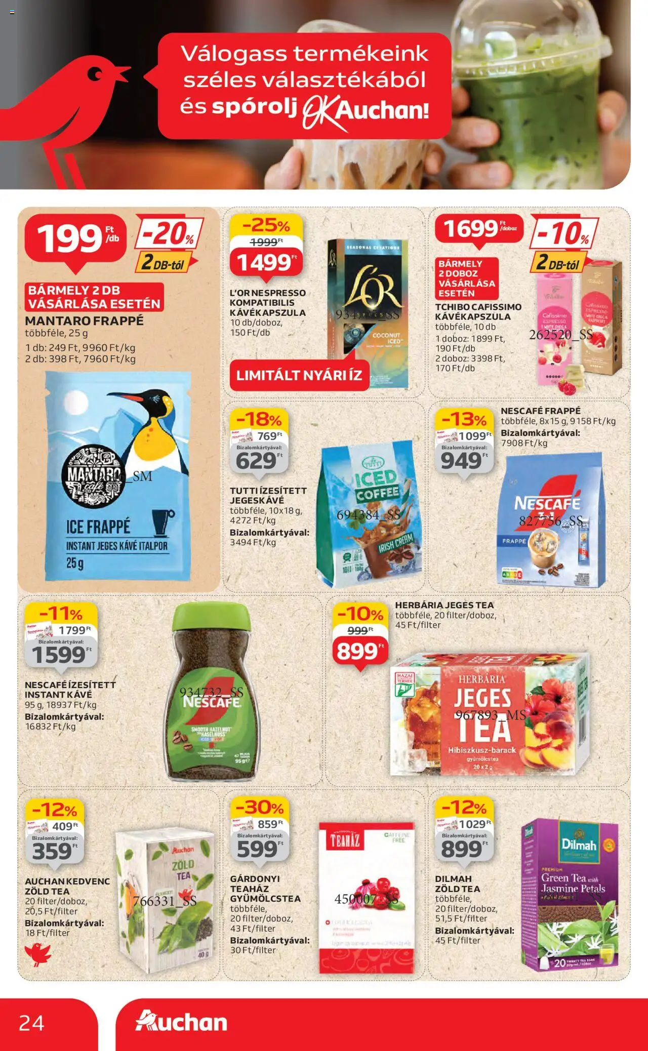 Auchan akciós ujság - amely érvényes a következő dátumtól: 26.06.2025 | Oldal: 24 | Termékek: Nescafé, Kávékapszula, Gyümölcstea, Zöld tea