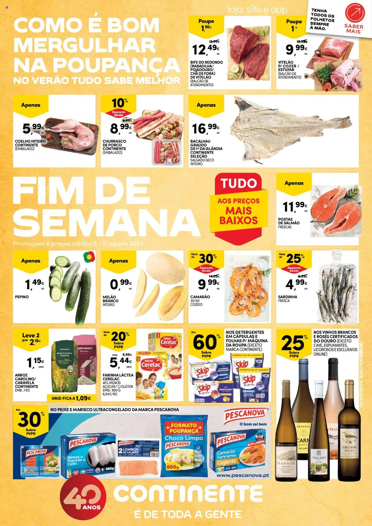 Continente - Fim de Semana │ válido de 08.08.2025 | Página: 1 | Produtos: Bacalhau, Farinha láctea, Pescada do cabo, Chá