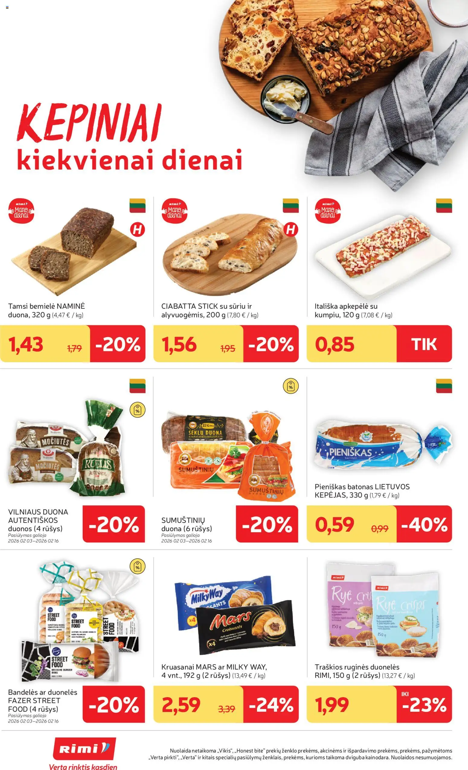 Rimi akcijos nuo 03.02.2026 | Puslapis: 16 | Prekių: Batonas, Bandelės, Duona