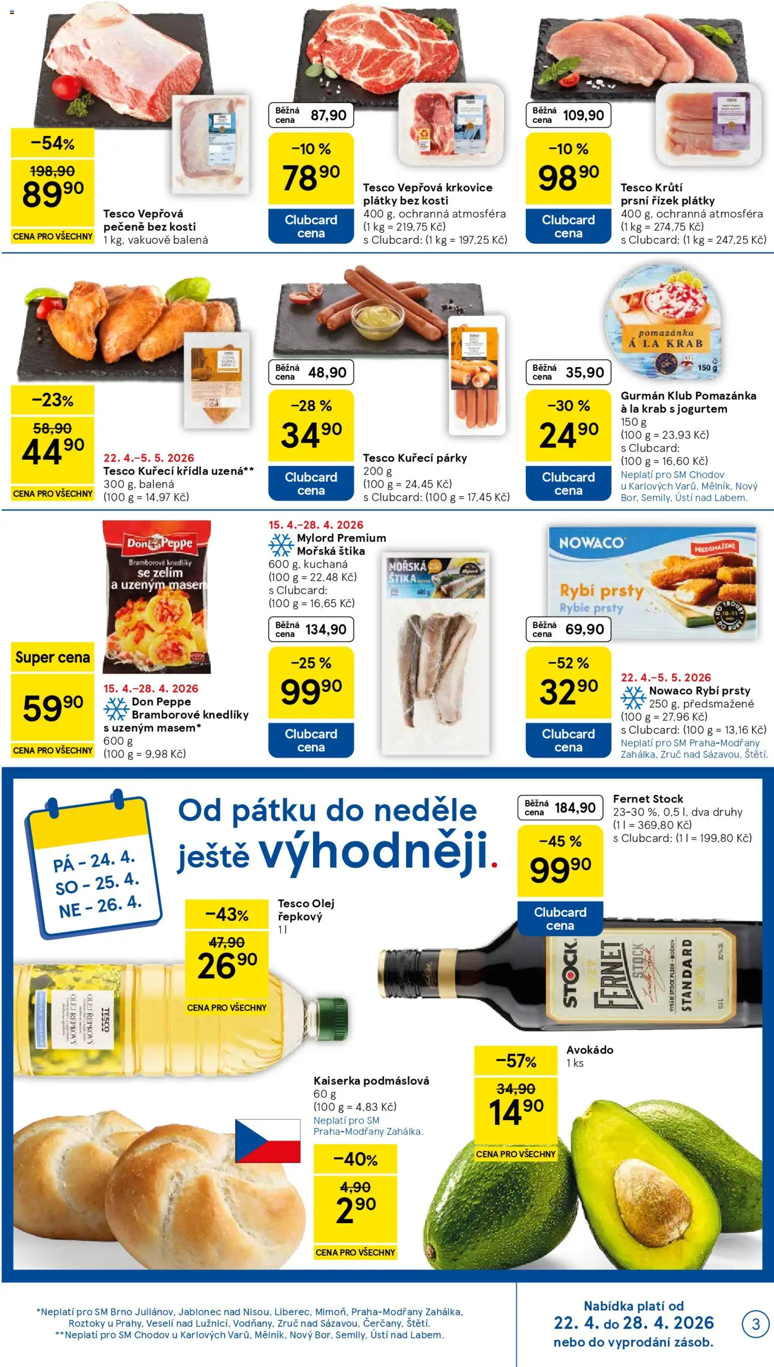 Tesco leták - Supermarket od 22.04.2026 | Strana: 3 | Produkty: Kuřecí Křídla, Fernet, Krkovice, Vepřová krkovice