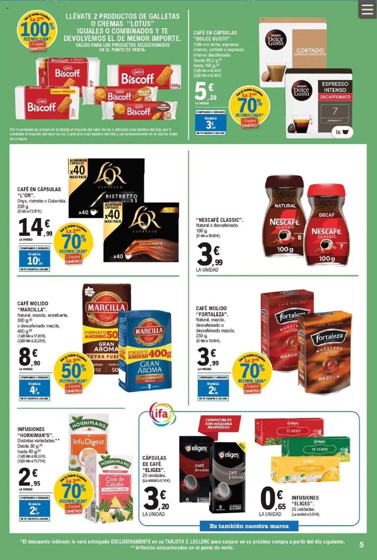 E.Leclerc folleto │ válido desde el 10.09.2025 | Página: 5 | Productos: Café molido, Té, Galletas, Café en cápsulas