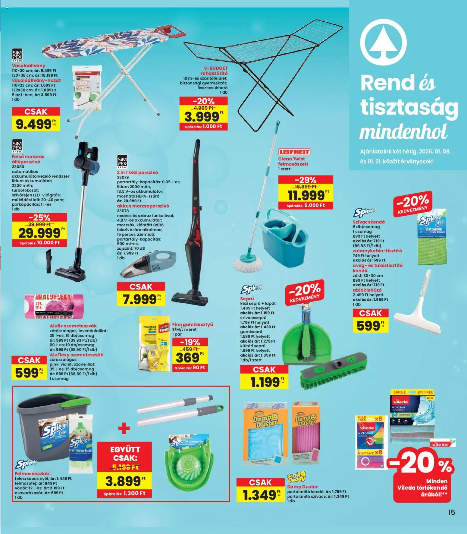 Interspar akciós ujság - amely érvényes a következő dátumtól: 08.01.2026 | Oldal: 15 | Termékek: Kendő, Törlőkendő, Gumikesztyű, Vileda