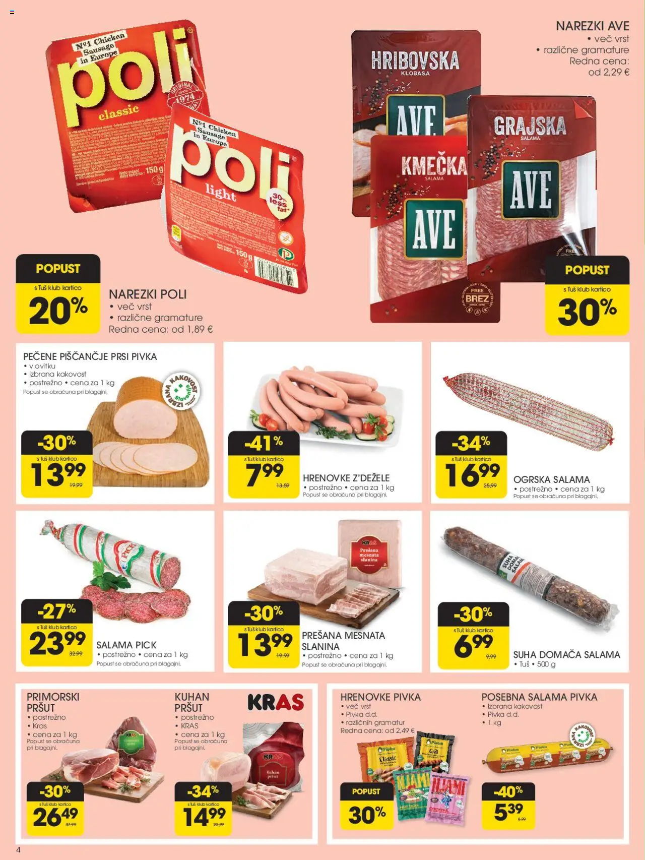 Tuš katalog │ velja od 27.08.2025 | Stran: 4 | Izdelki: Hrenovke, Pršut, Slanina, Salama