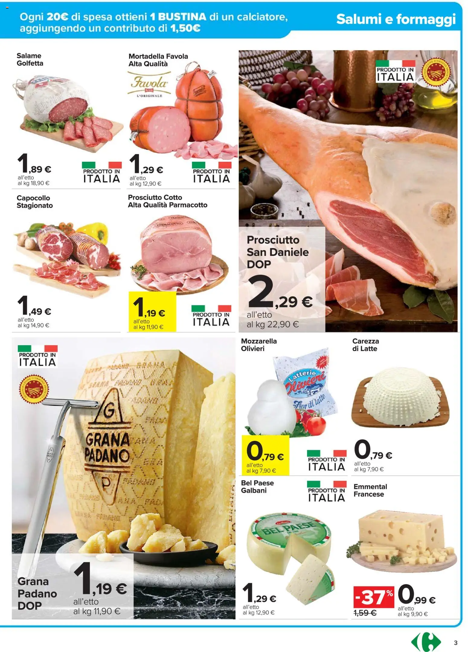 Volantino Carrefour del 20.11.2025 | Pagina: 3 | Prodotti: Salame, Latte, Mortadella, Emmental
