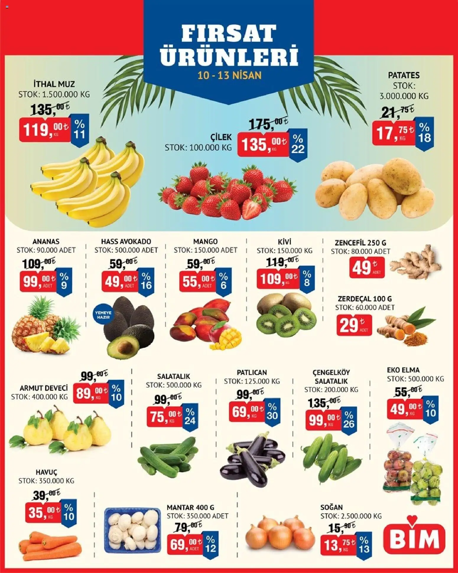 BİM - Meyve-Sebze, İndirim - 10.04.2026 tarihinden itibaren geçerlidir | Sayfa: 1 | Ürünler: Avokado, Patates, Soğan, Zerdeçal